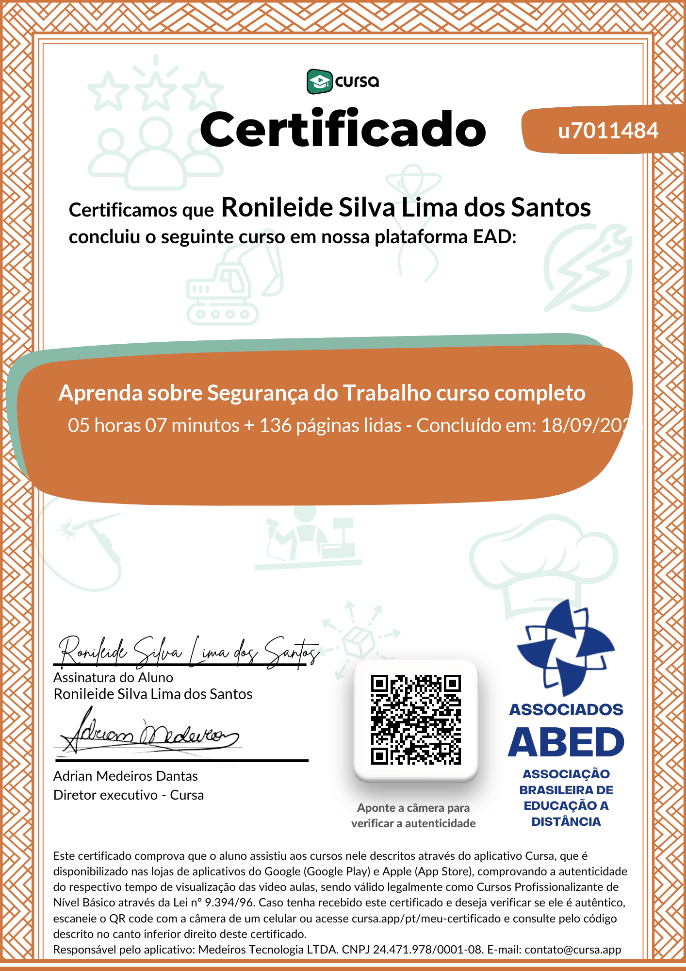 Imagem do meu Certificado gratuito de conclusão de curso.