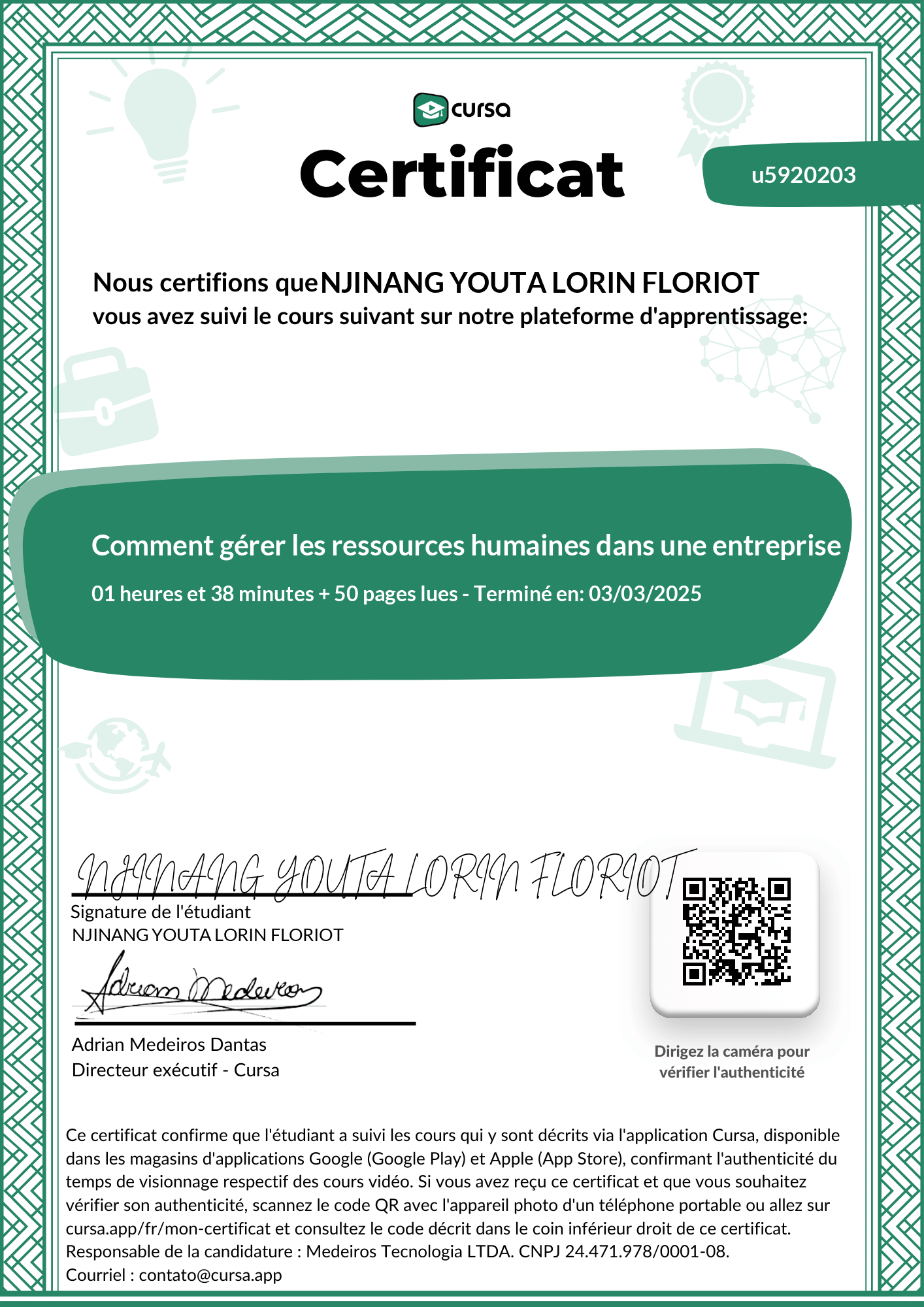 Image de mon certificat de fin de cours gratuit.