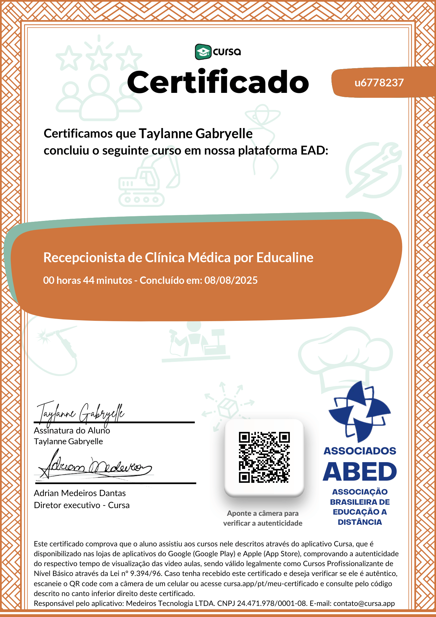 Imagem do meu Certificado gratuito de conclusão de curso.