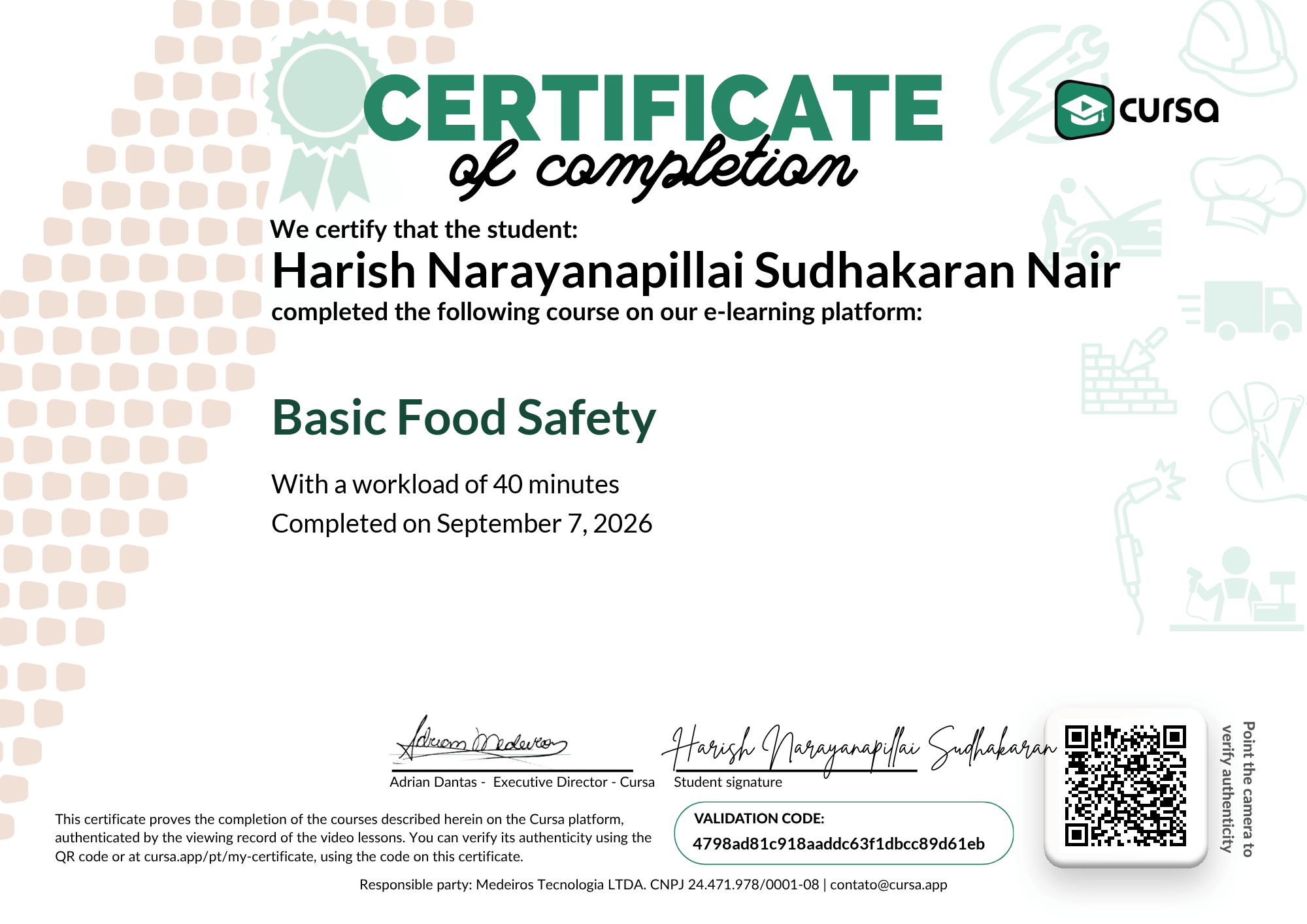 Image of my free Course Completion Certificate.