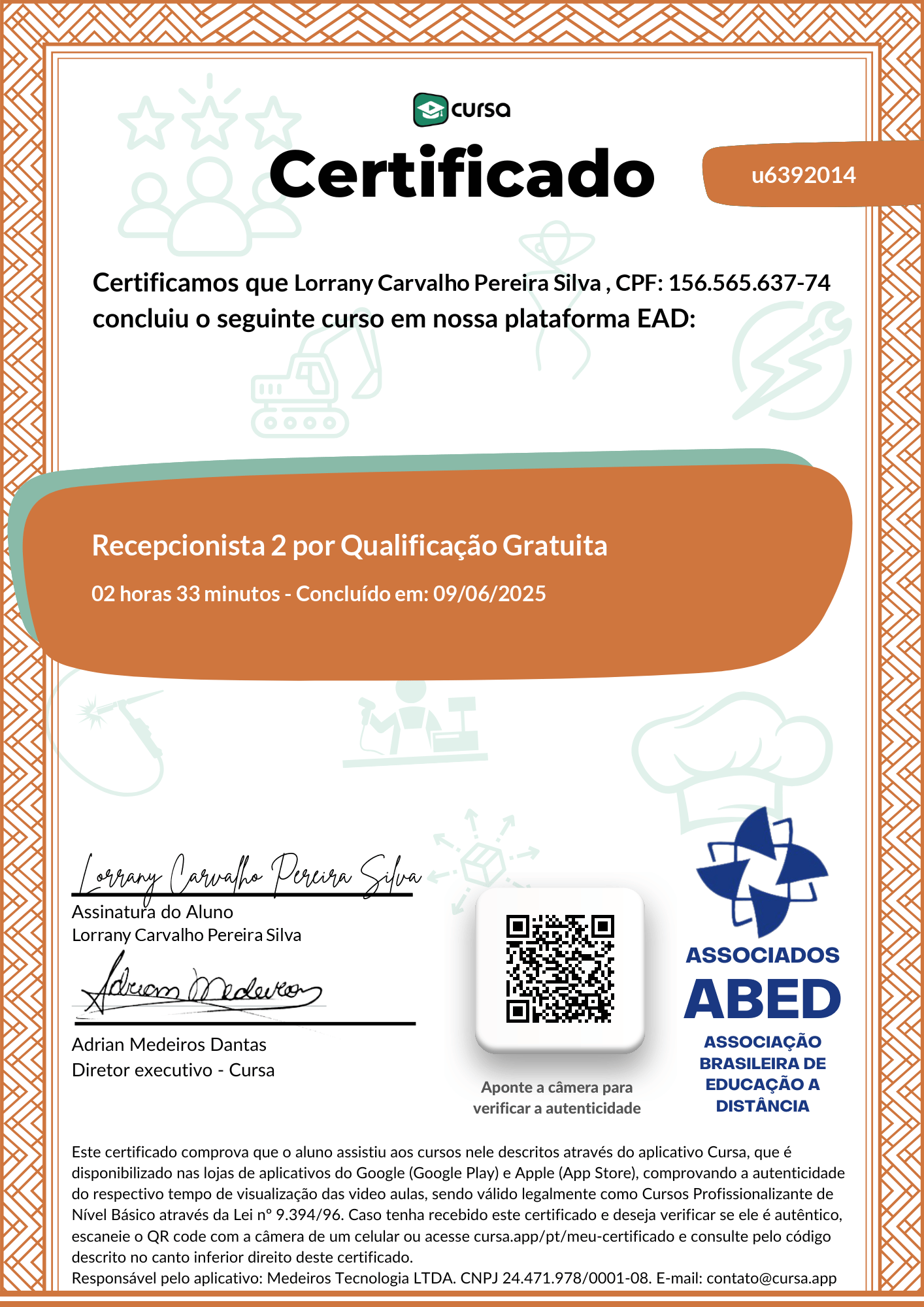 Imagem do meu Certificado gratuito de conclusão de curso.