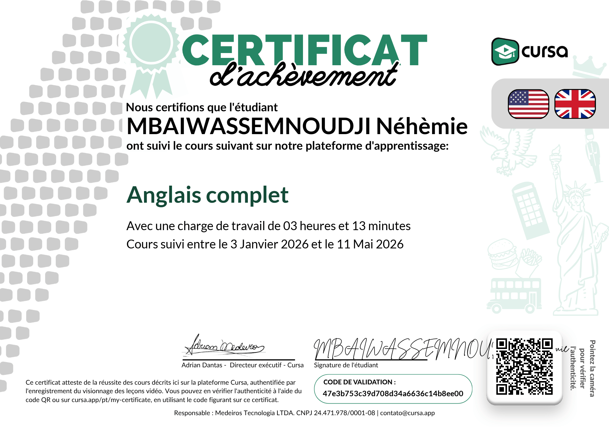 Image de mon certificat de fin de cours gratuit.