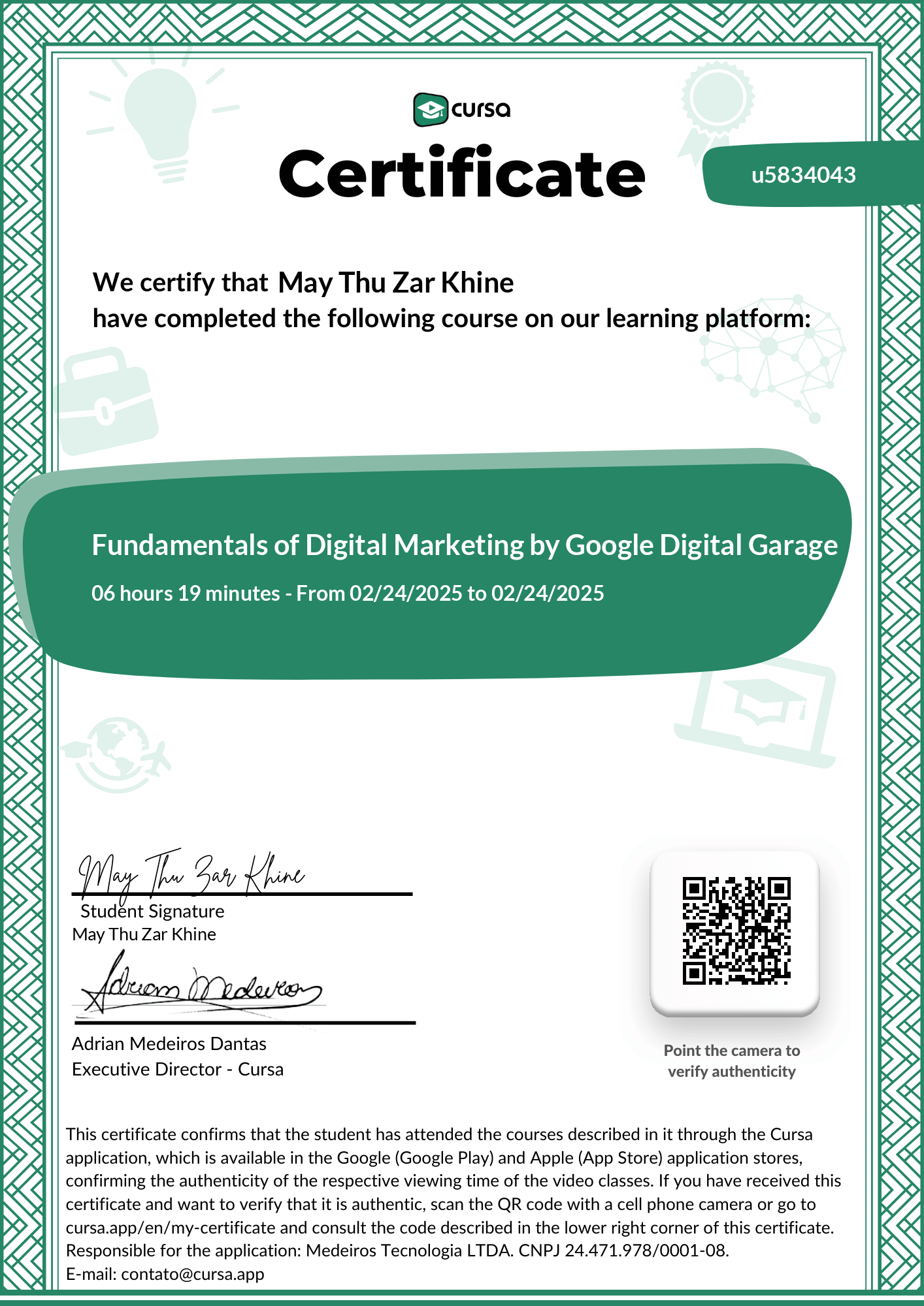 Image of my free Course Completion Certificate.