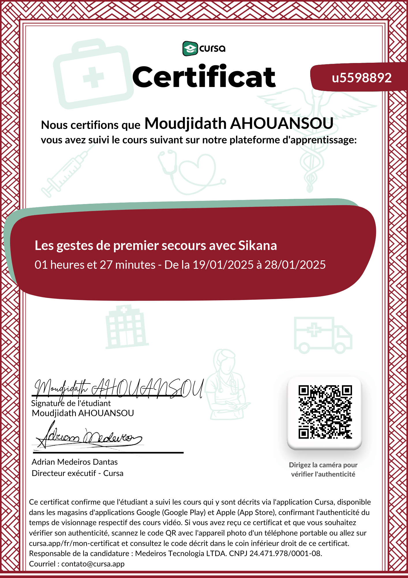 Image de mon certificat de fin de cours gratuit.
