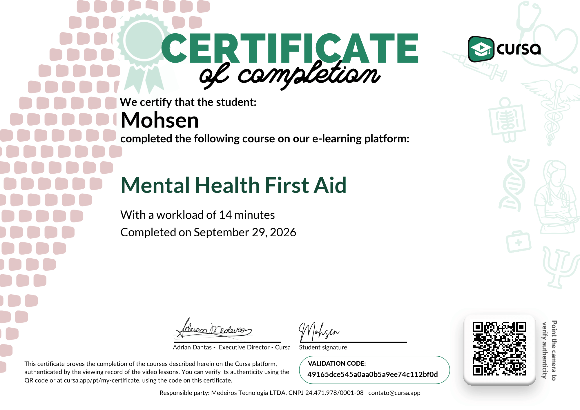 Image of my free Course Completion Certificate.