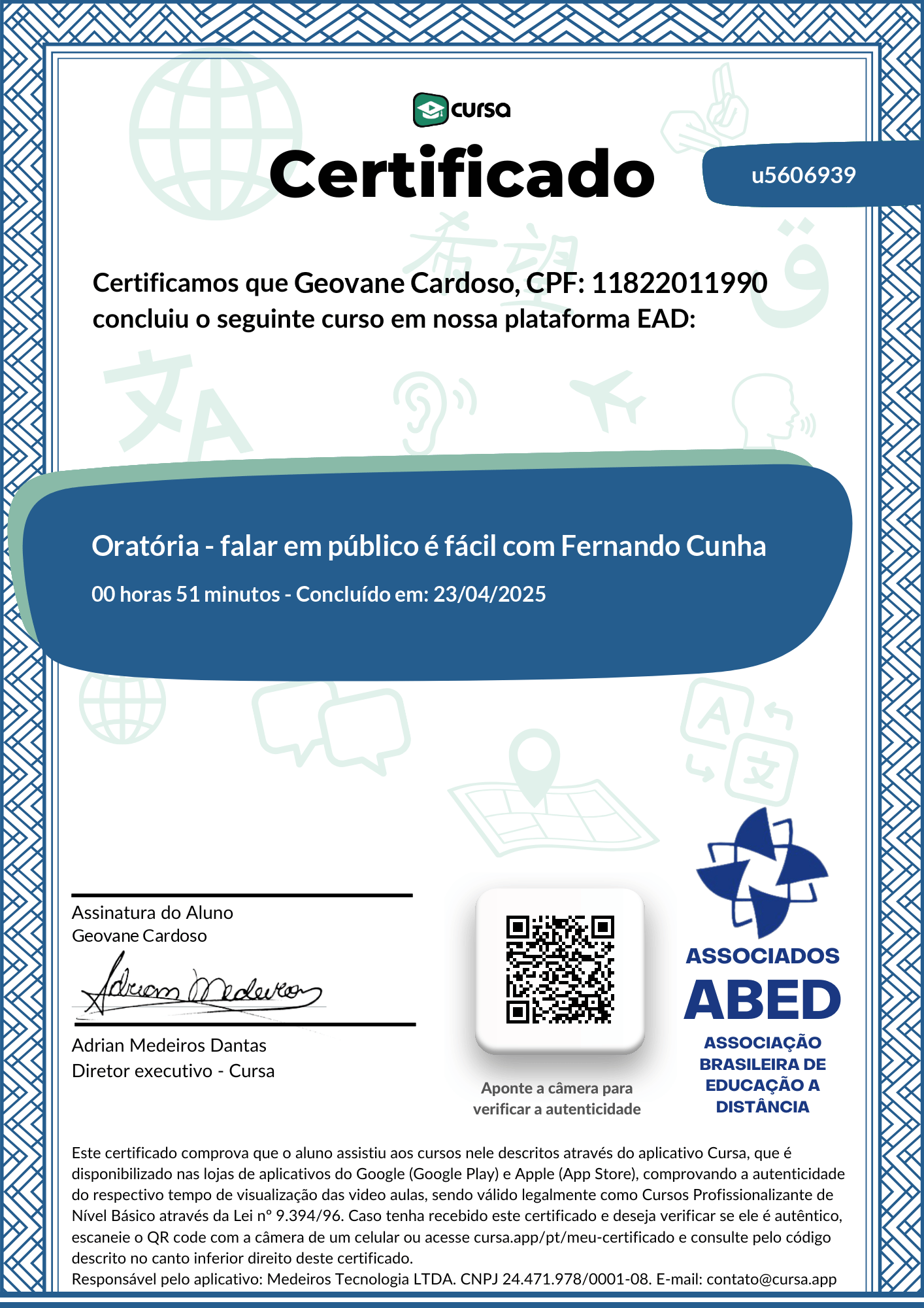 Imagem do meu Certificado gratuito de conclusão de curso.