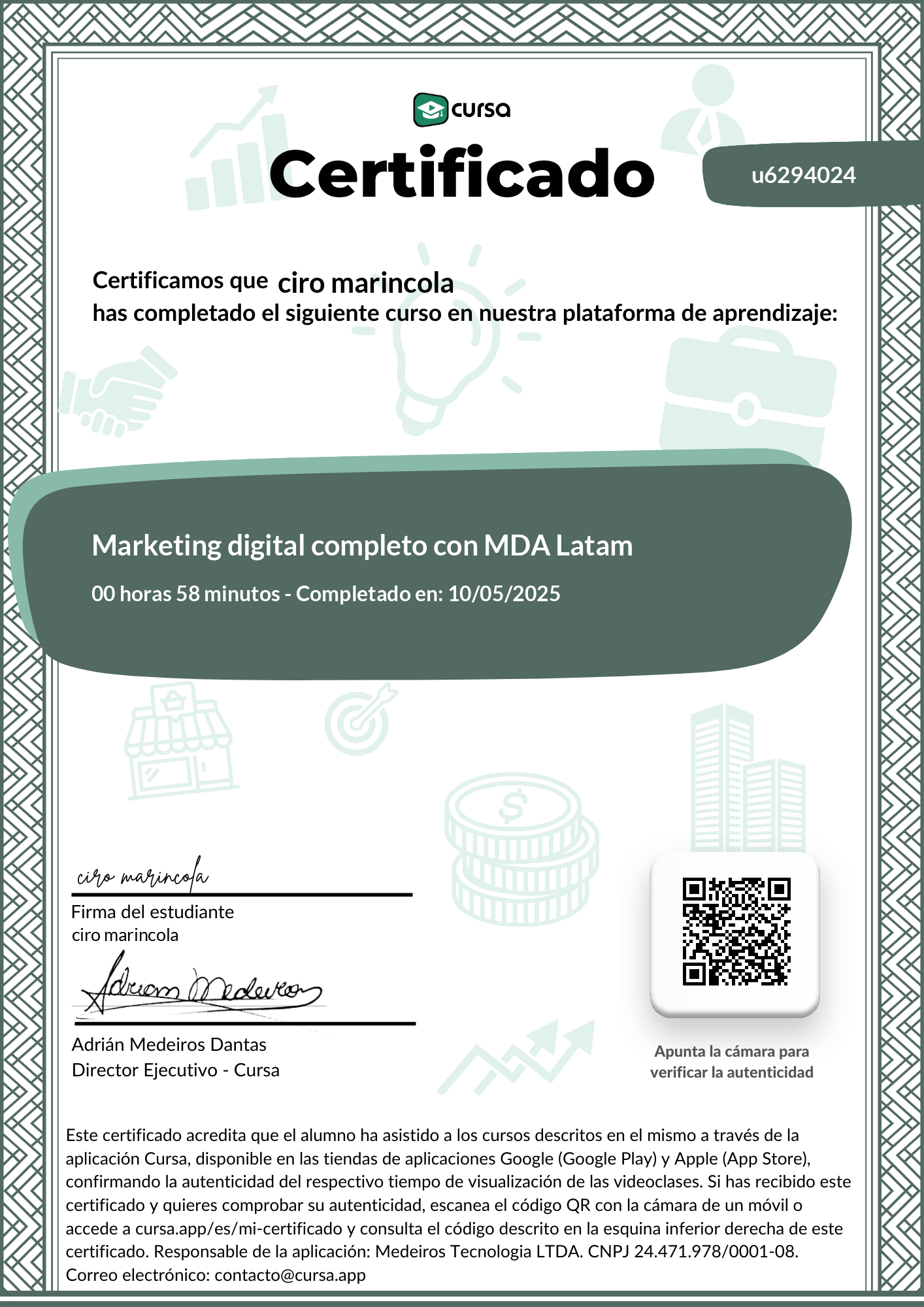 Imagen de mi Certificado de finalización del curso gratuito.