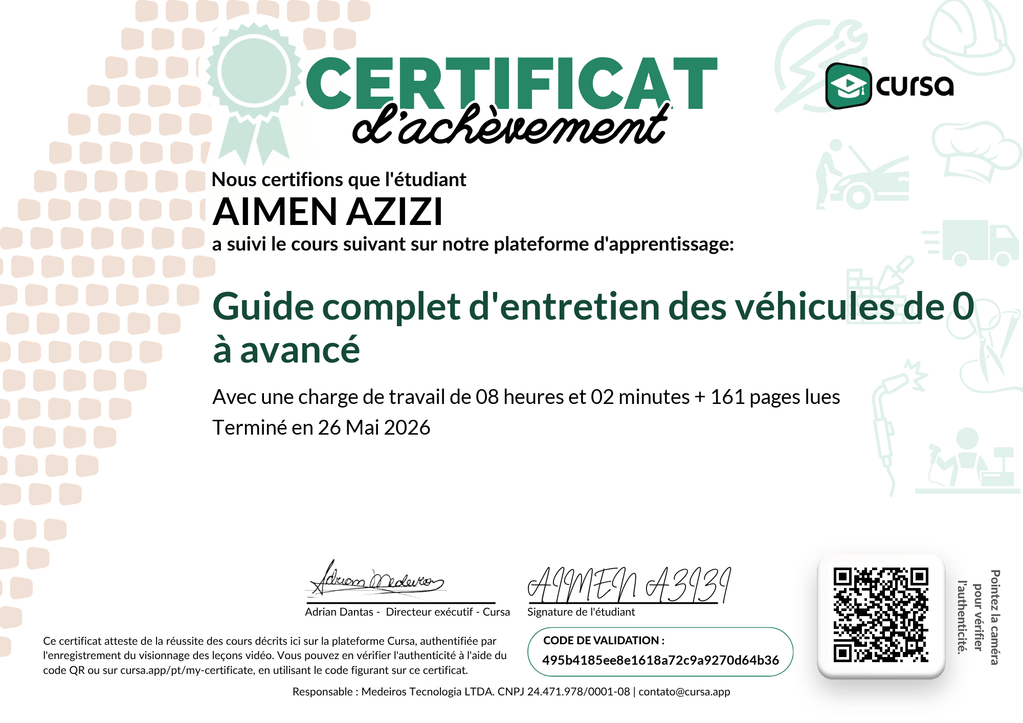 Image de mon certificat de fin de cours gratuit.