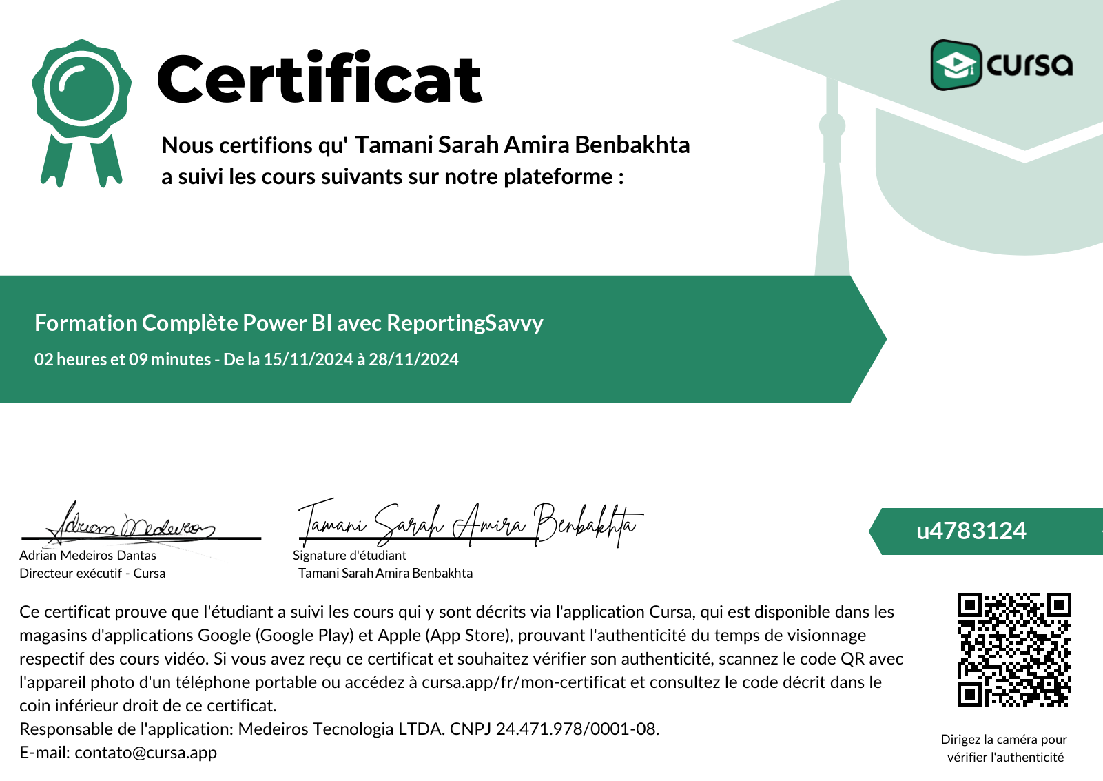 Image de mon certificat de fin de cours gratuit.