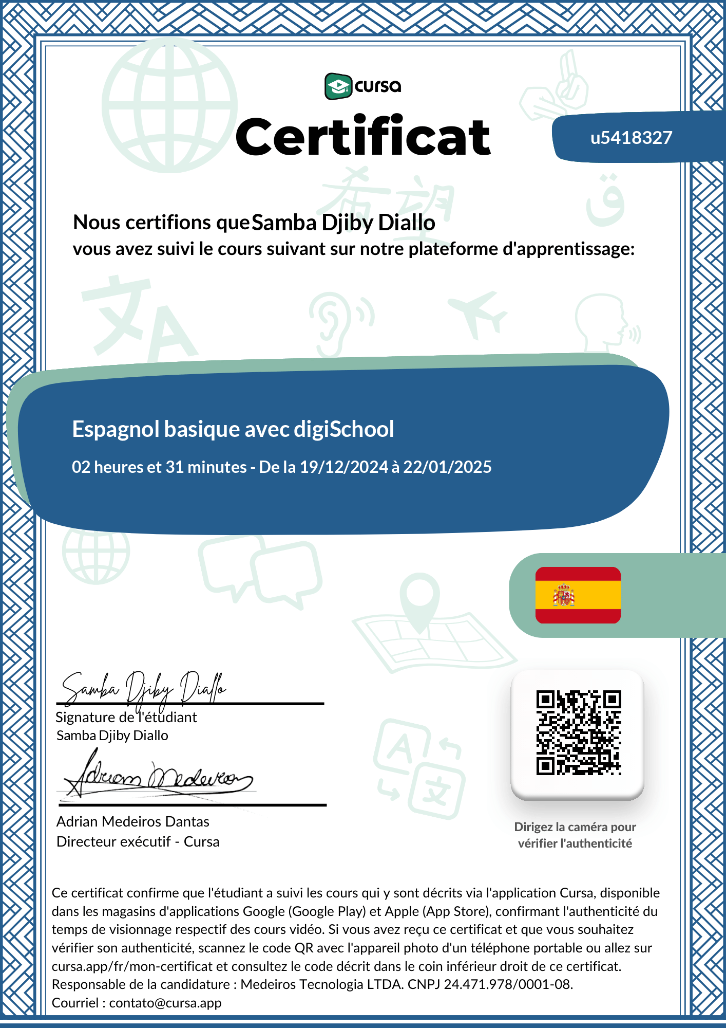 Image de mon certificat de fin de cours gratuit.