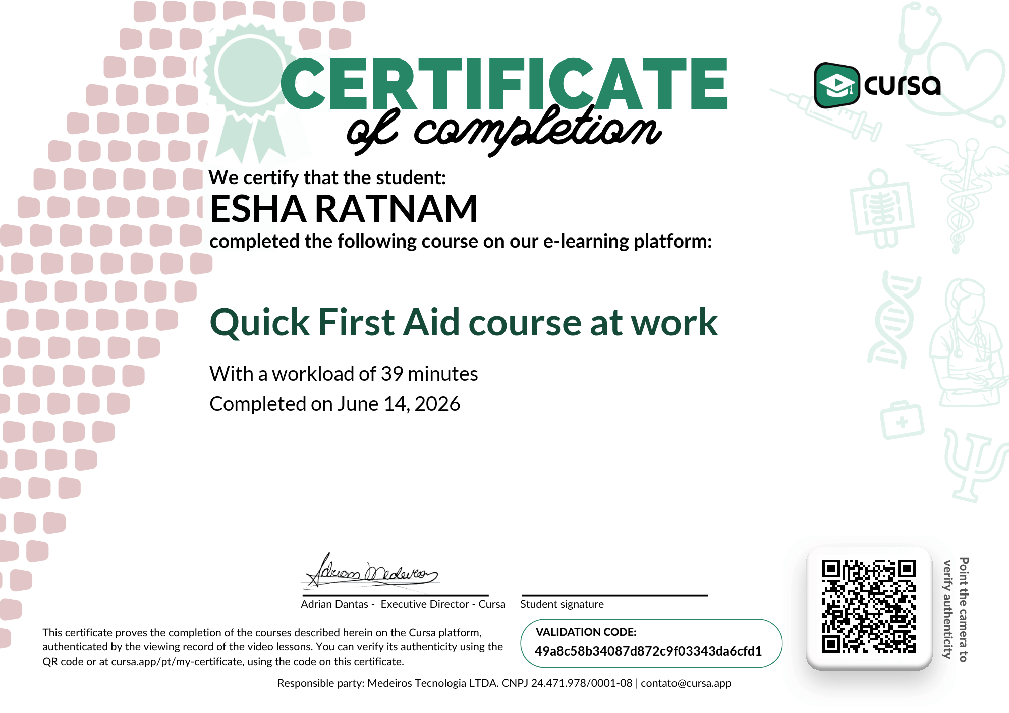 Image of my free Course Completion Certificate.
