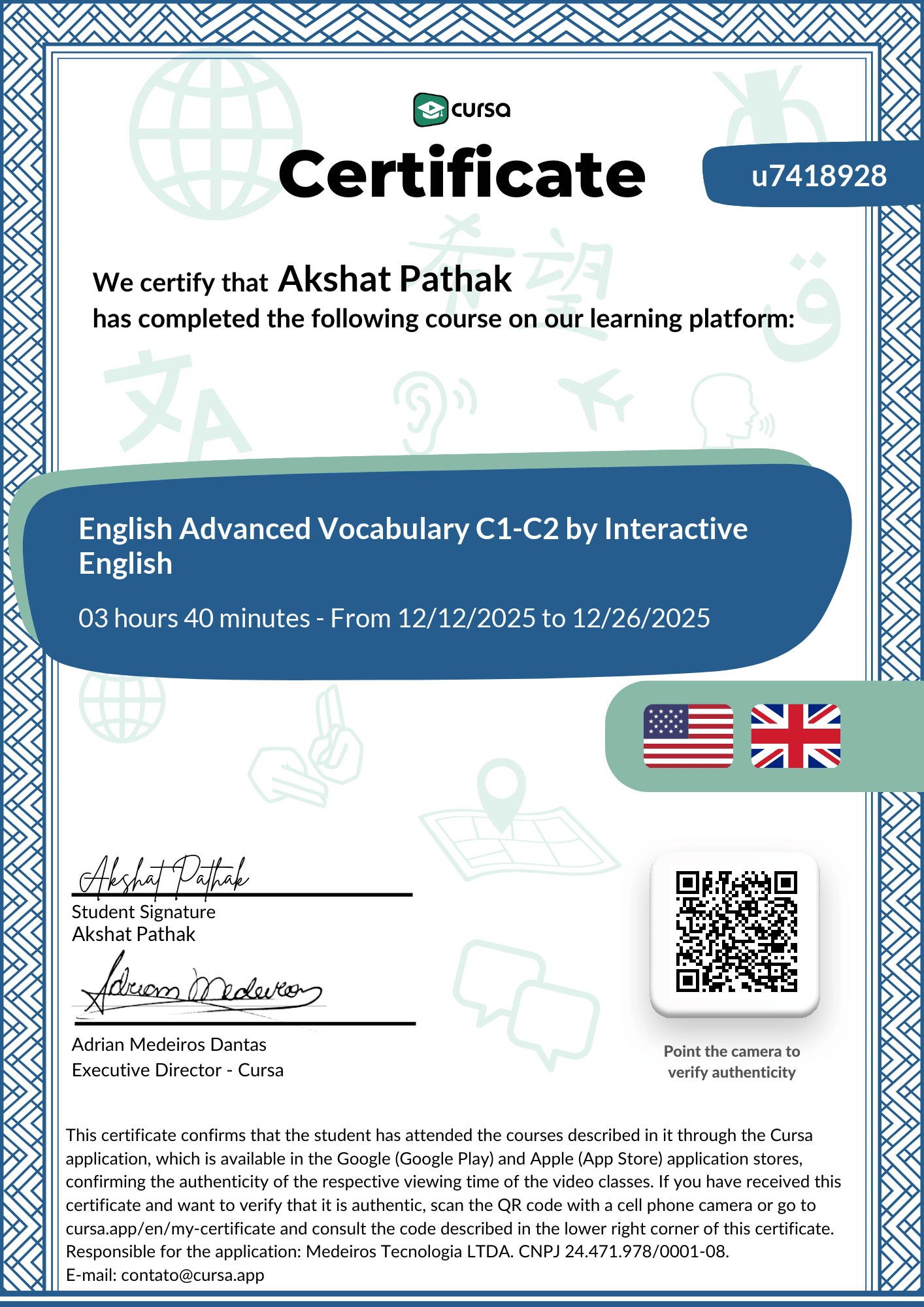 Image of my free Course Completion Certificate.