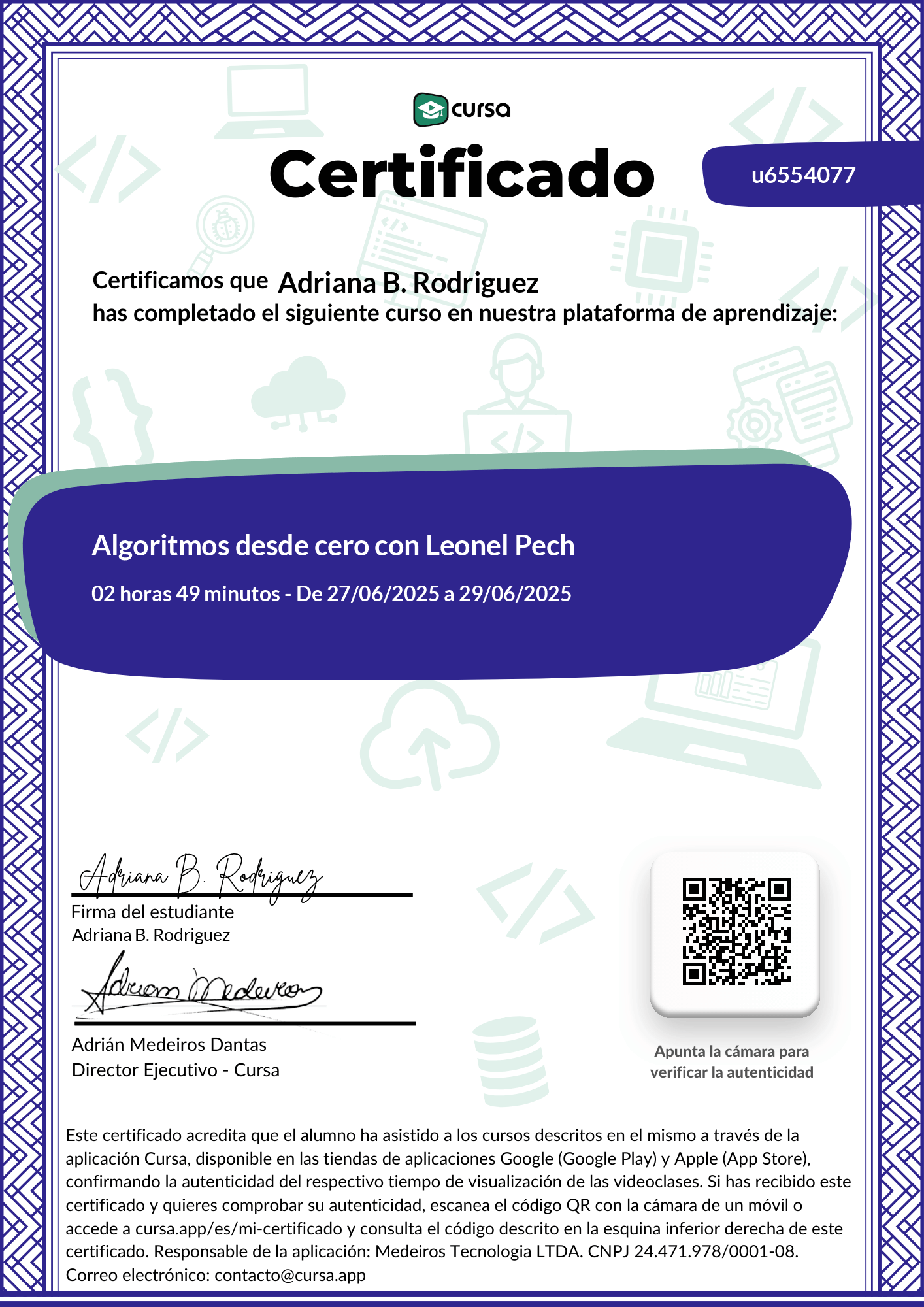 Imagen de mi Certificado de finalización del curso gratuito.