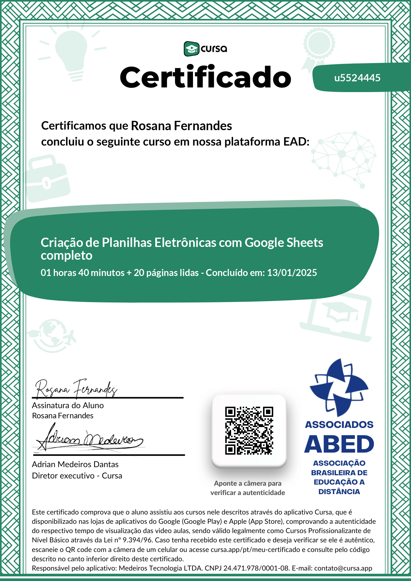 Imagem do meu Certificado gratuito de conclusão de curso.