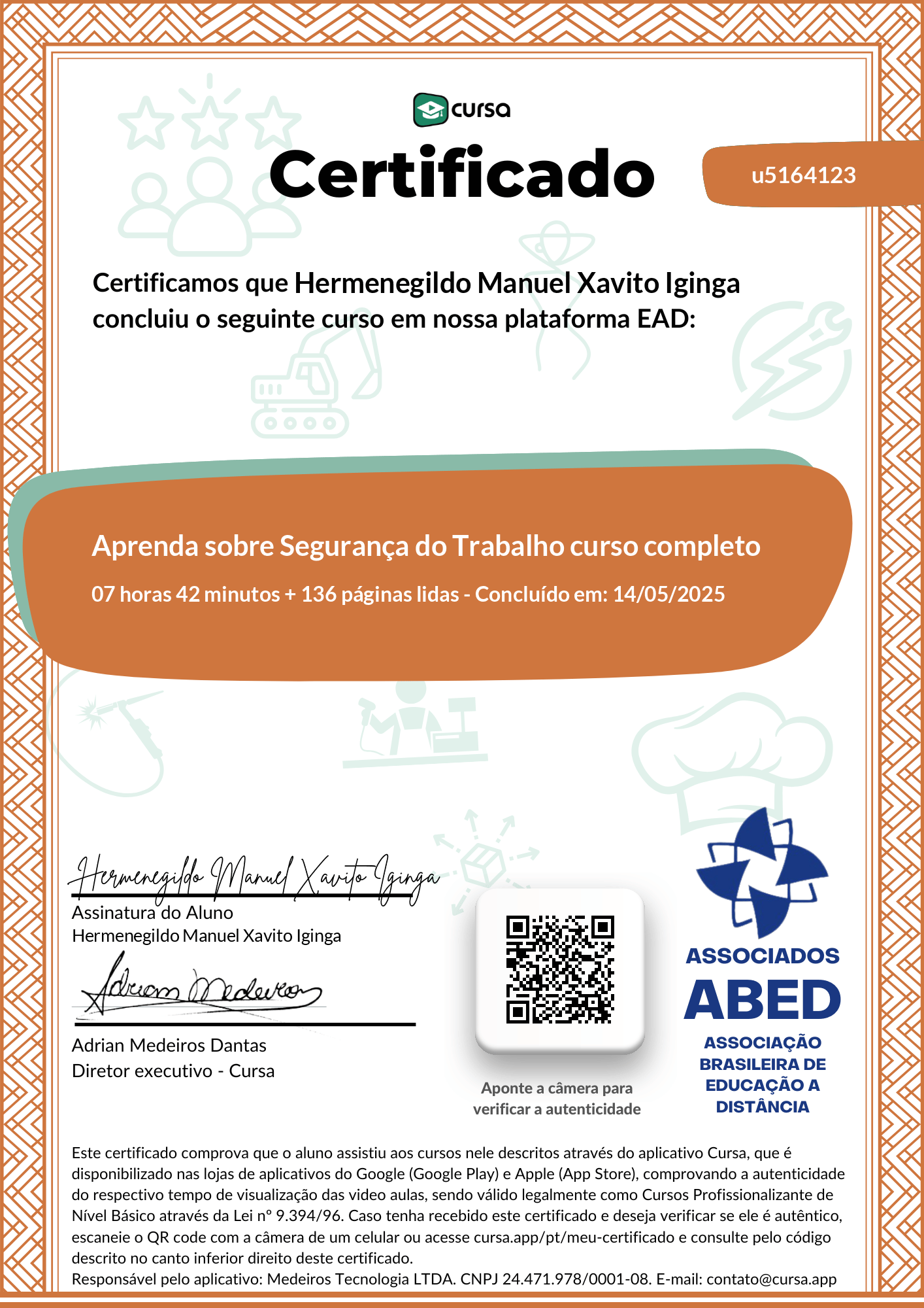 Imagem do meu Certificado gratuito de conclusão de curso.