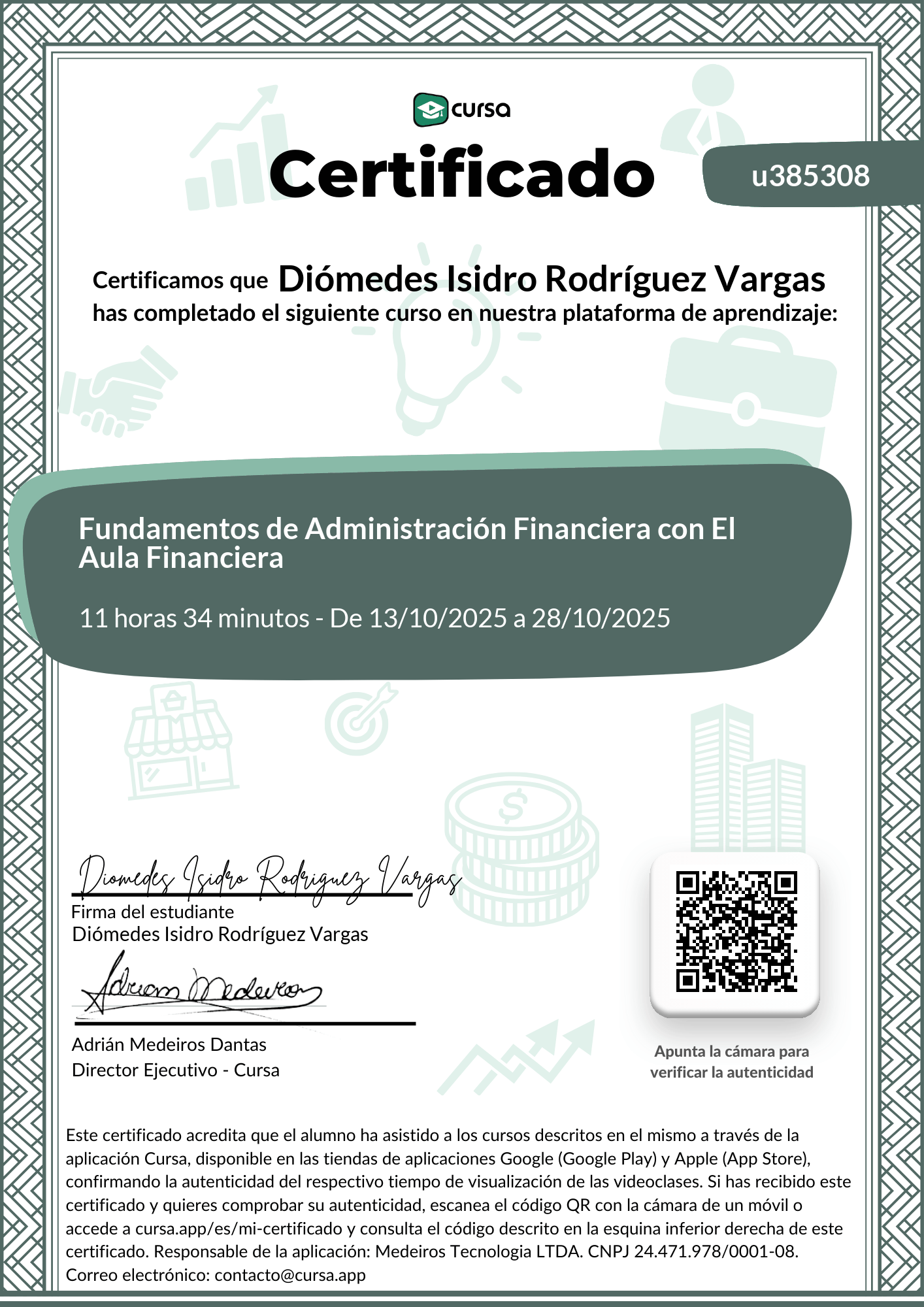 Imagen de mi Certificado de finalización del curso gratuito.