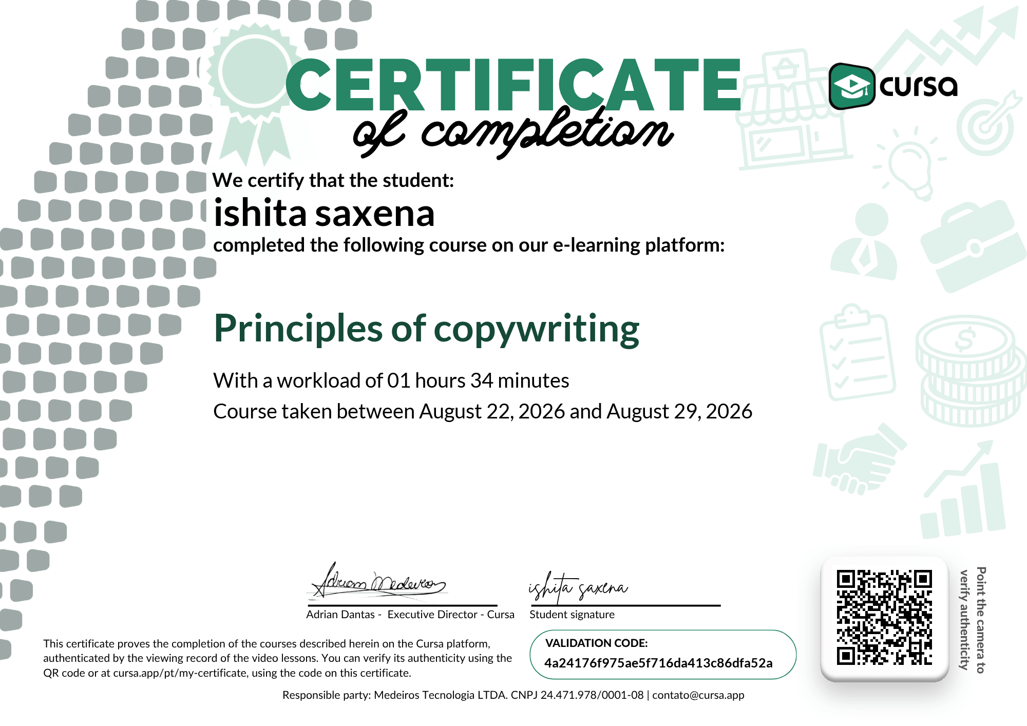 Image of my free Course Completion Certificate.