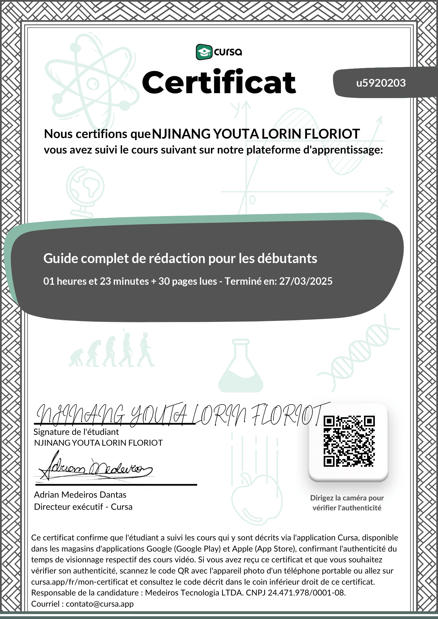 Image de mon certificat de fin de cours gratuit.