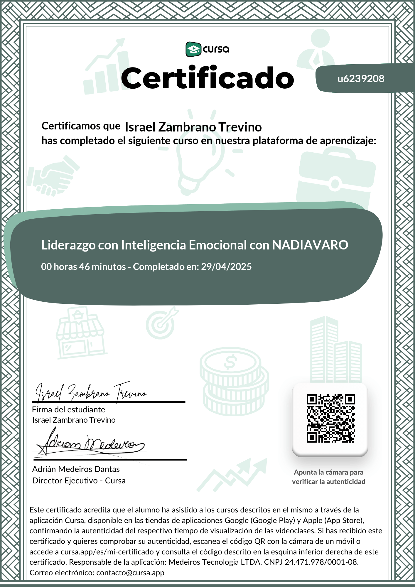 Imagen de mi Certificado de finalización del curso gratuito.