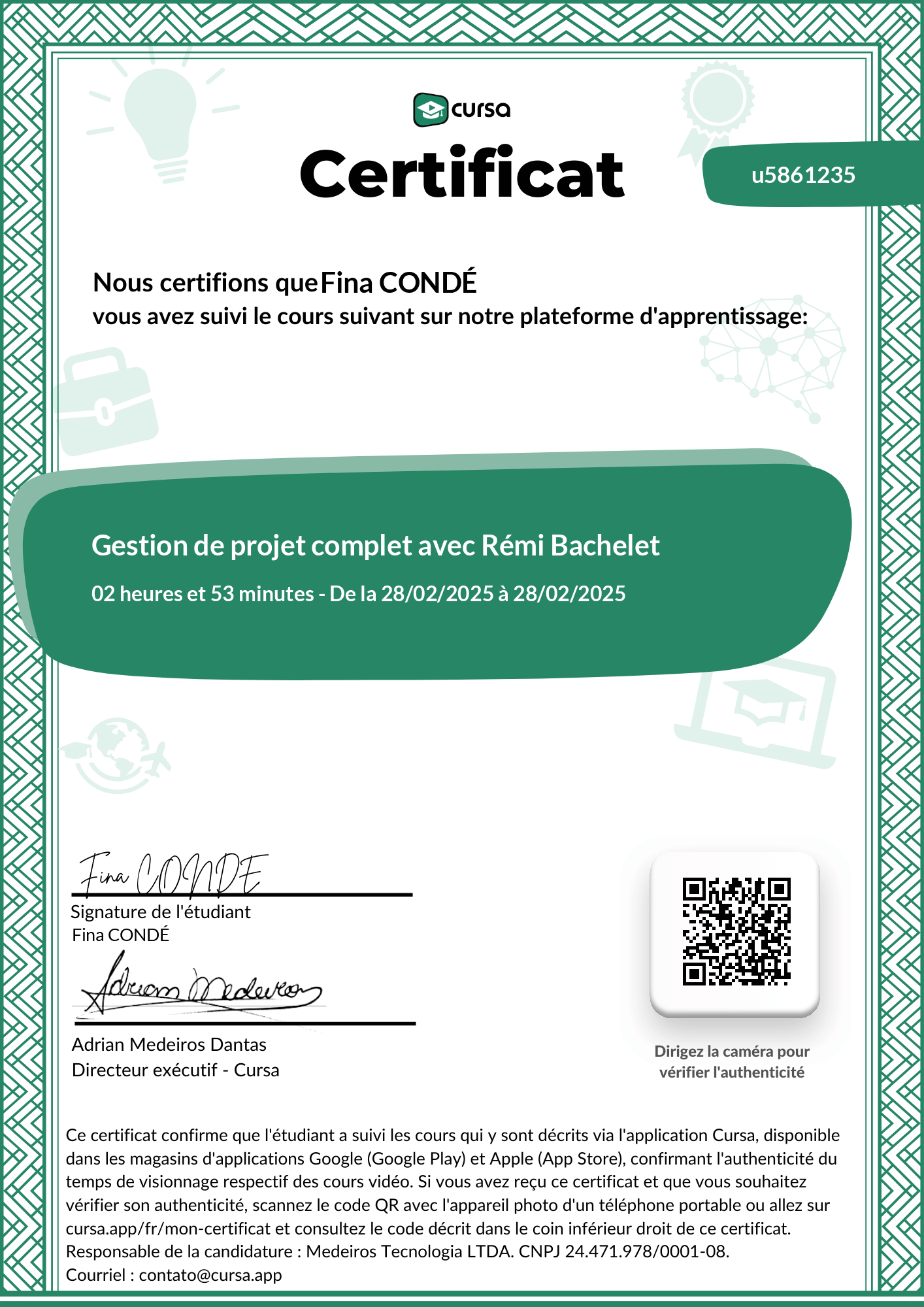 Image de mon certificat de fin de cours gratuit.