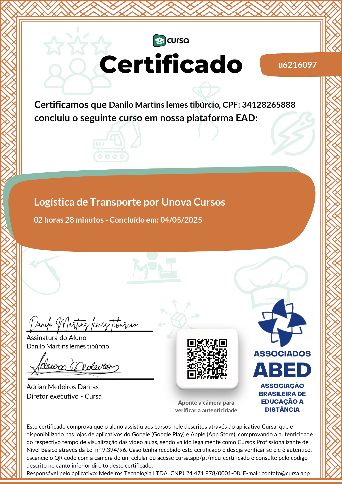 Imagem do meu Certificado gratuito de conclusão de curso.