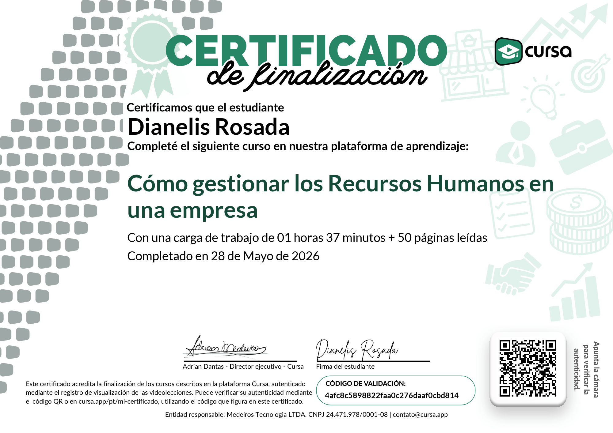 Imagen de mi Certificado de finalización del curso gratuito.