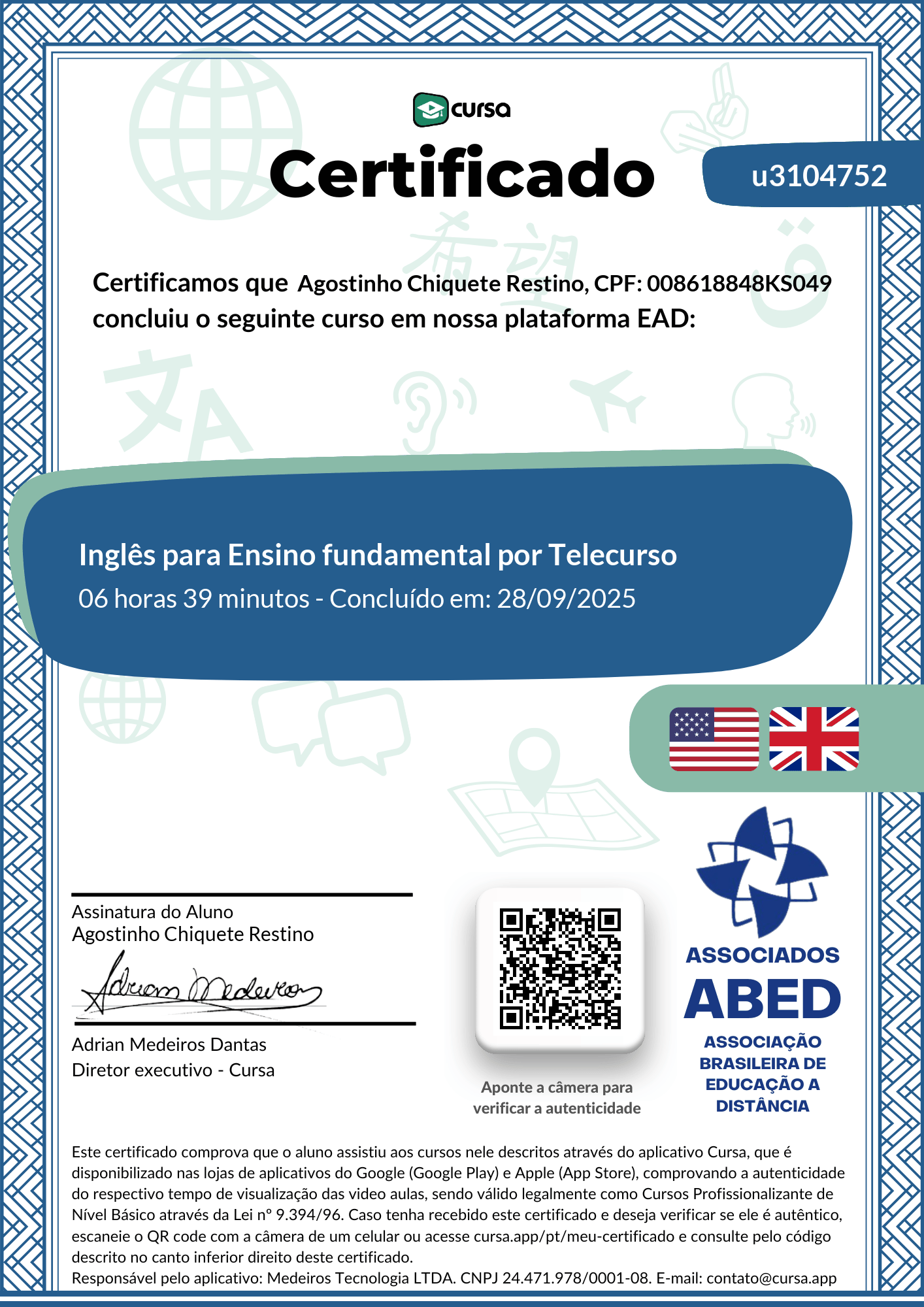 Imagem do meu Certificado gratuito de conclusão de curso.