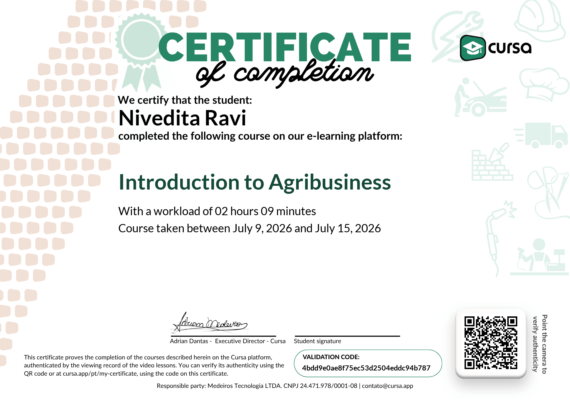 Image of my free Course Completion Certificate.