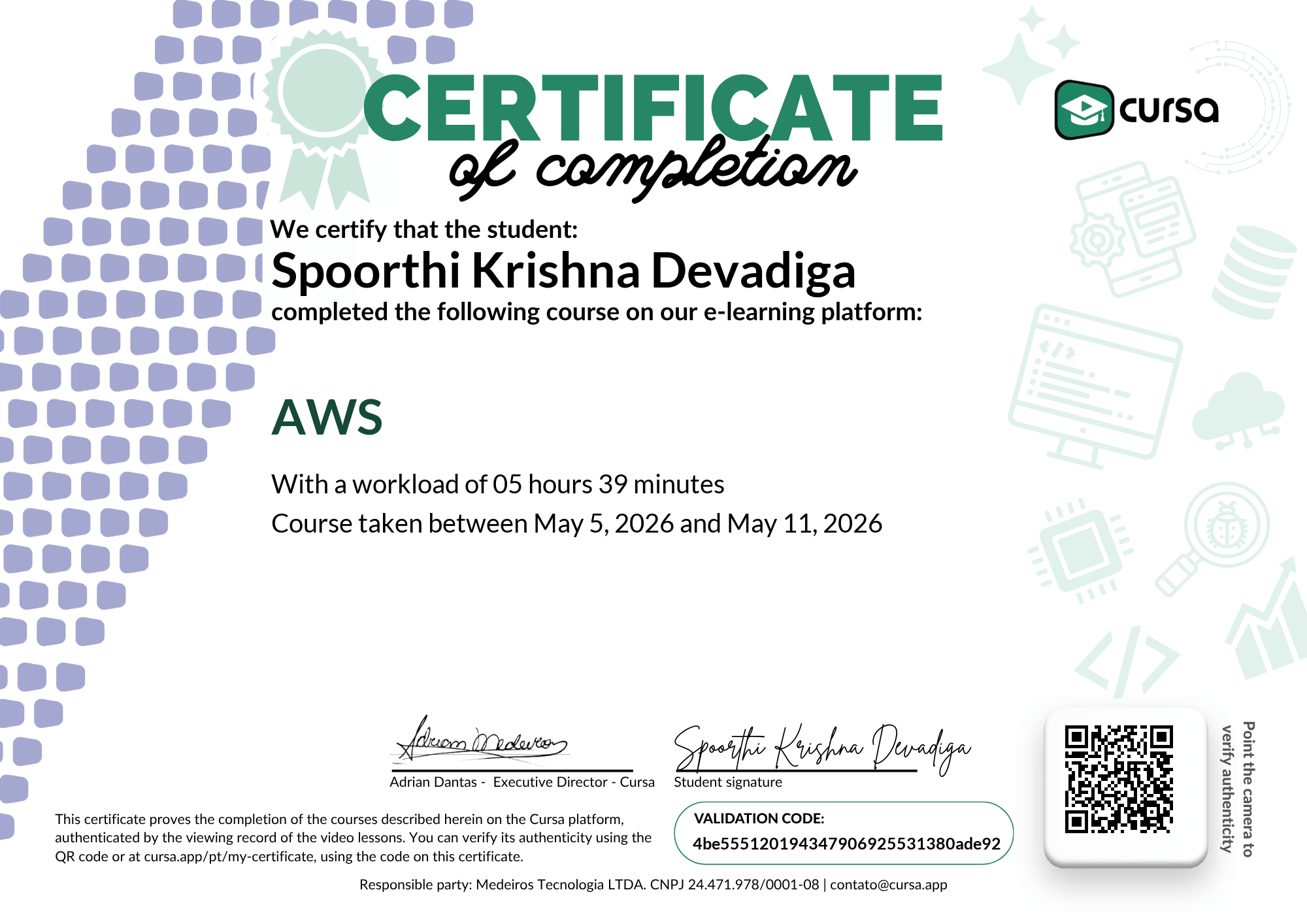 Image of my free Course Completion Certificate.