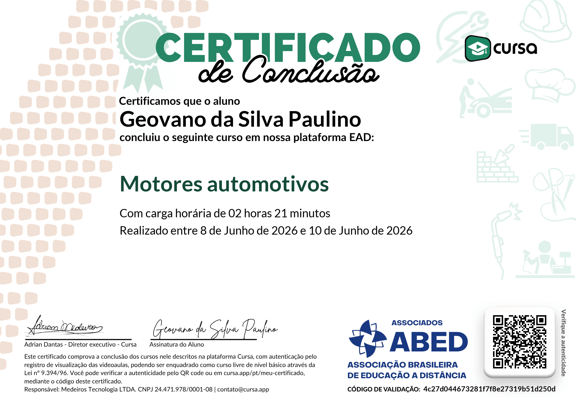 Imagem do meu Certificado gratuito de conclusão de curso.