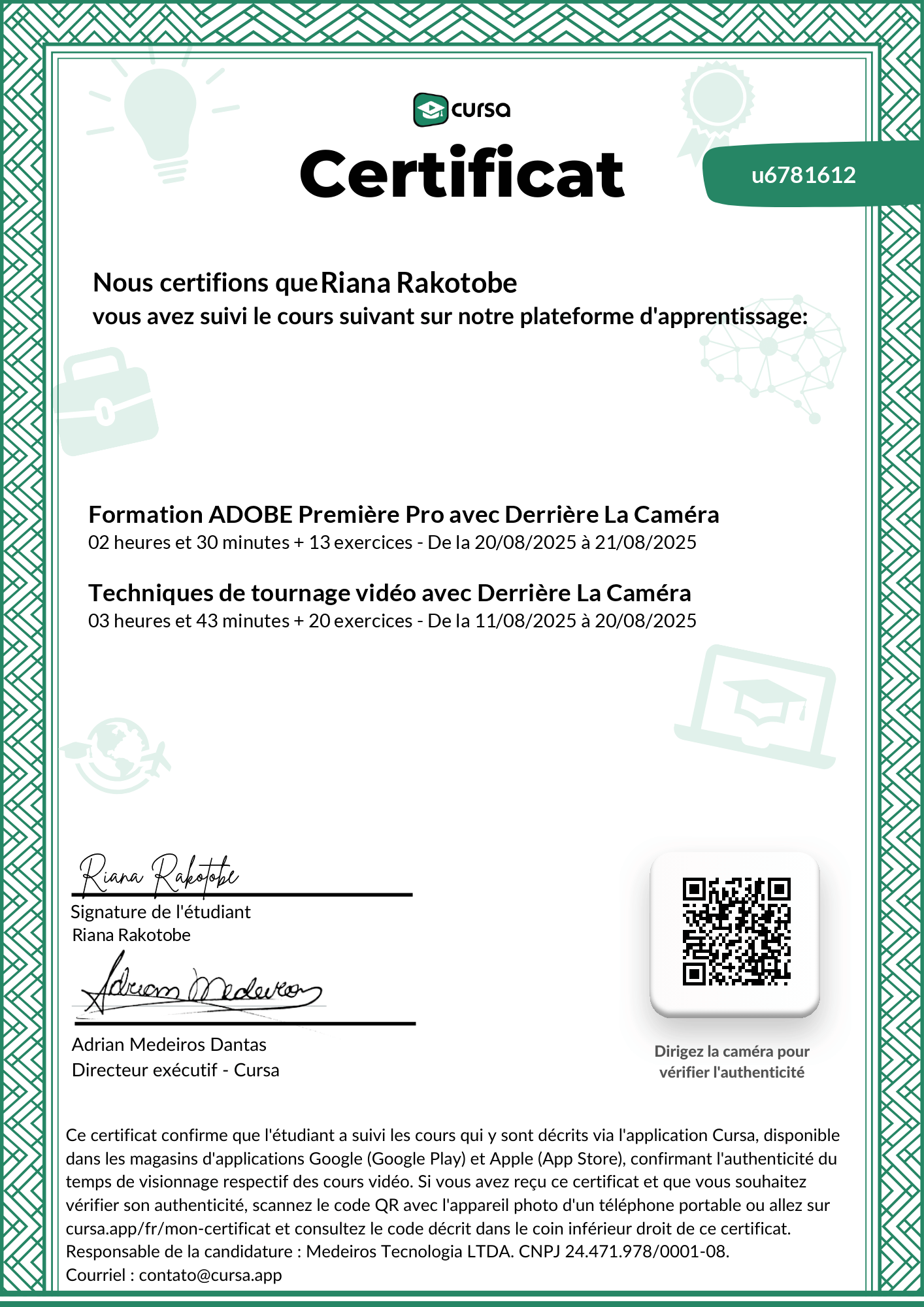 Image de mon certificat de fin de cours gratuit.