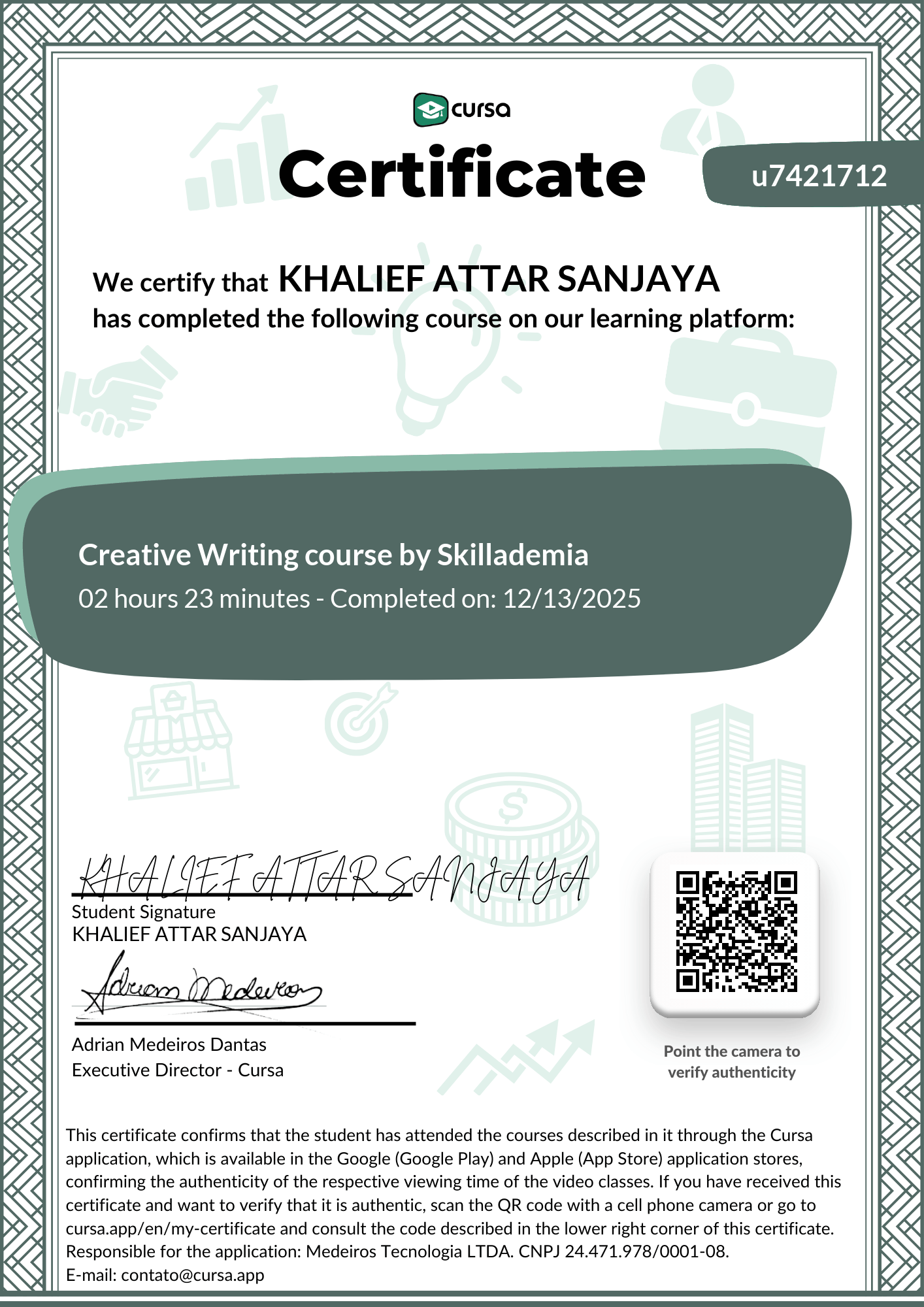 Image of my free Course Completion Certificate.
