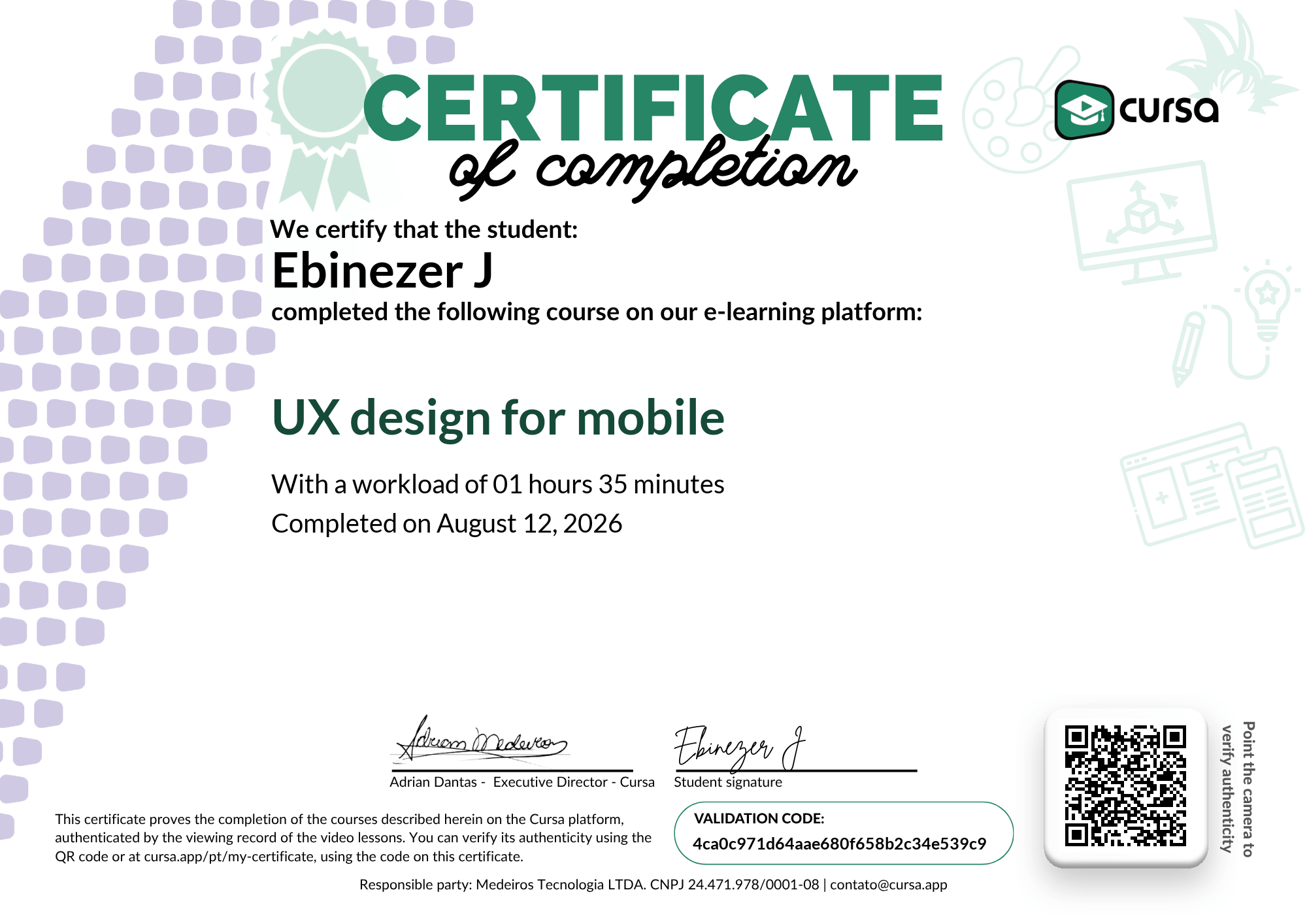 Image of my free Course Completion Certificate.