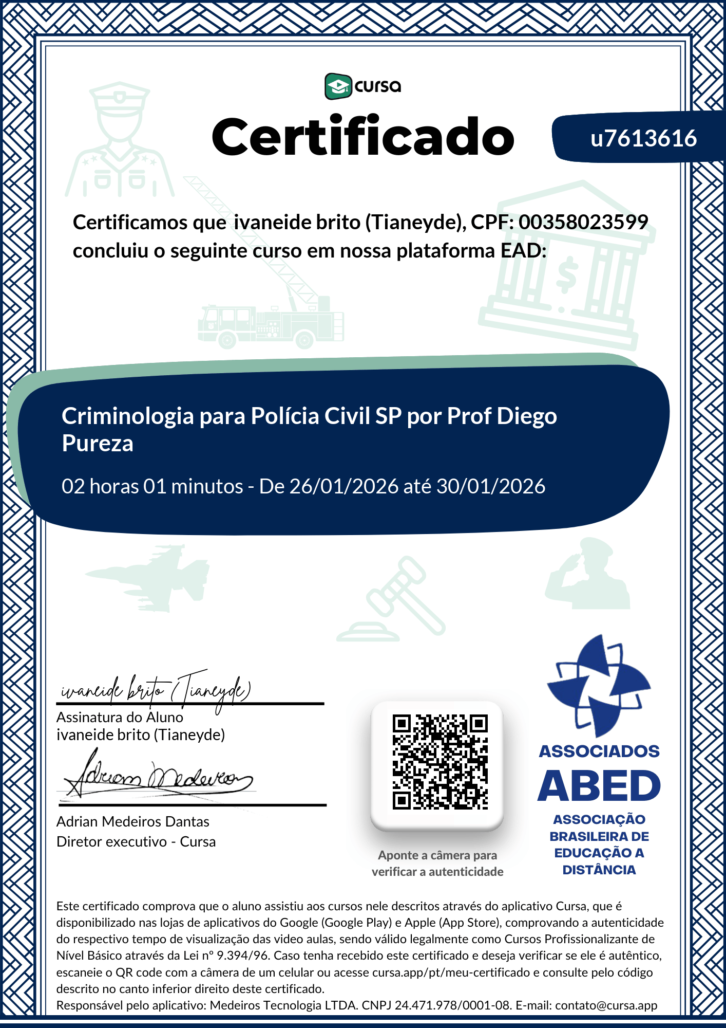 Imagem do meu Certificado gratuito de conclusão de curso.