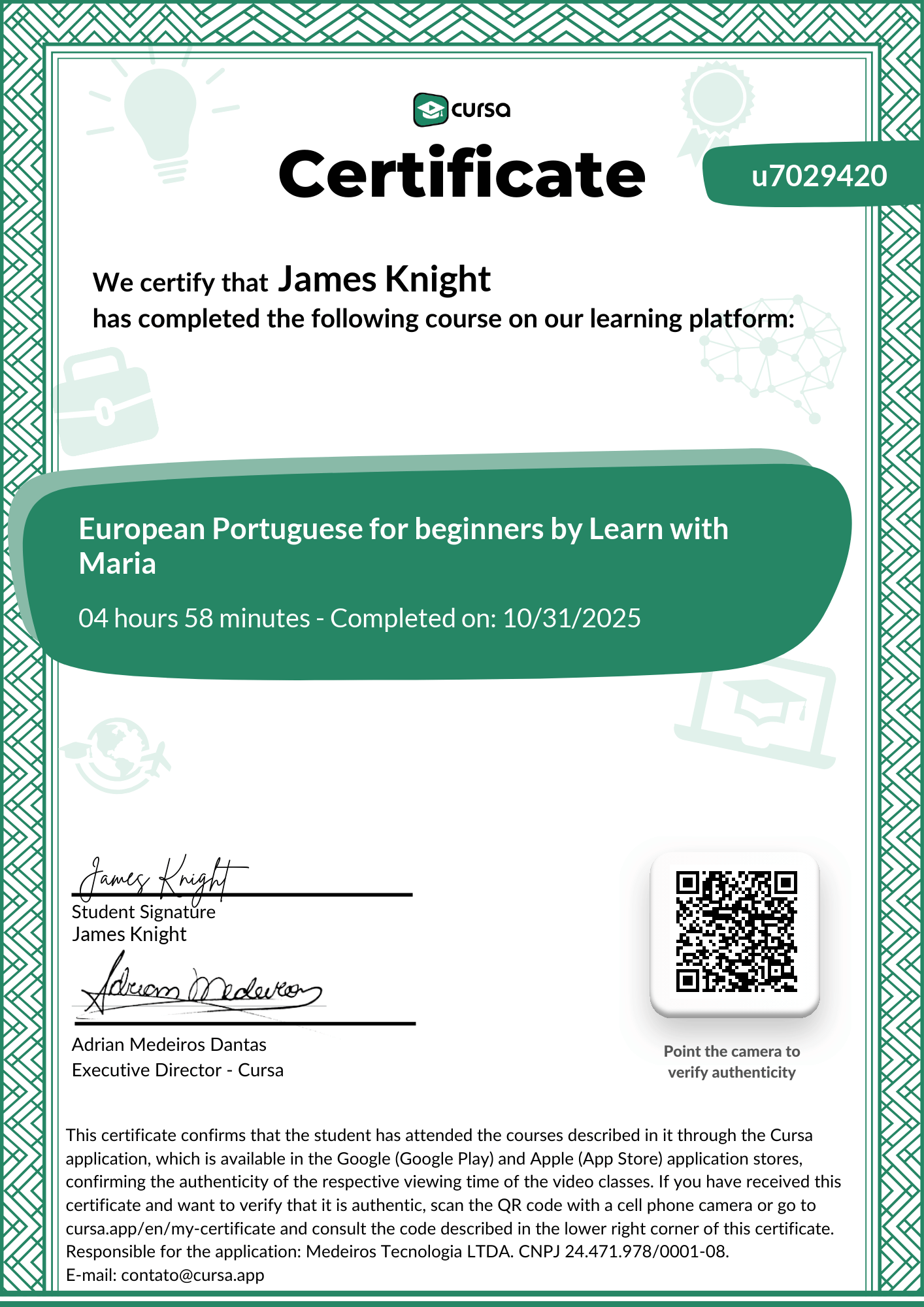 Image of my free Course Completion Certificate.
