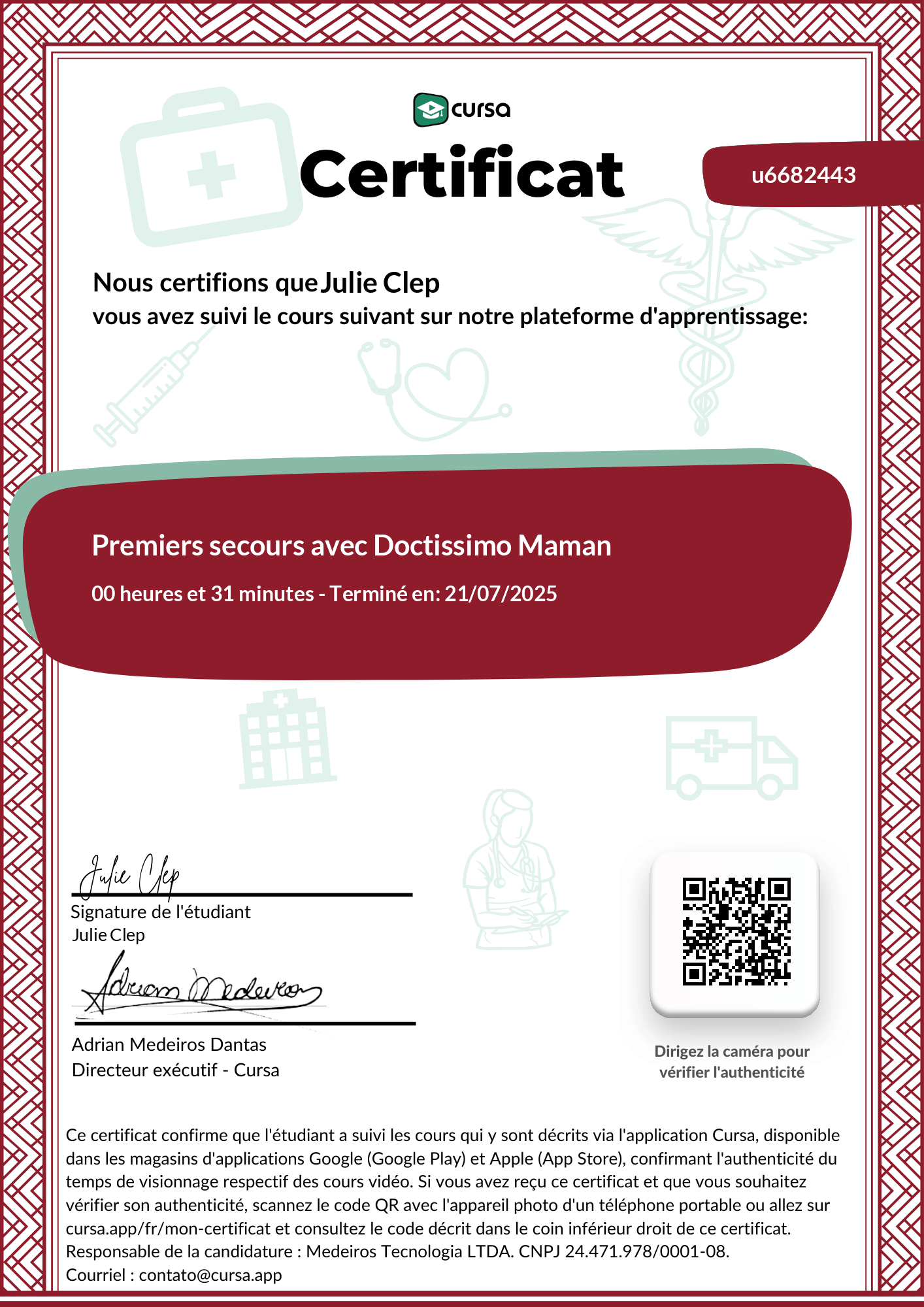Image de mon certificat de fin de cours gratuit.