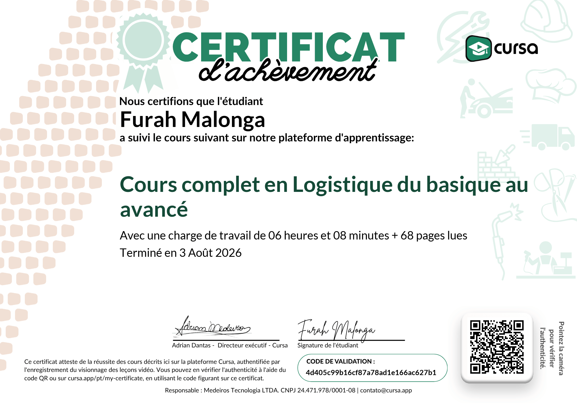 Image de mon certificat de fin de cours gratuit.