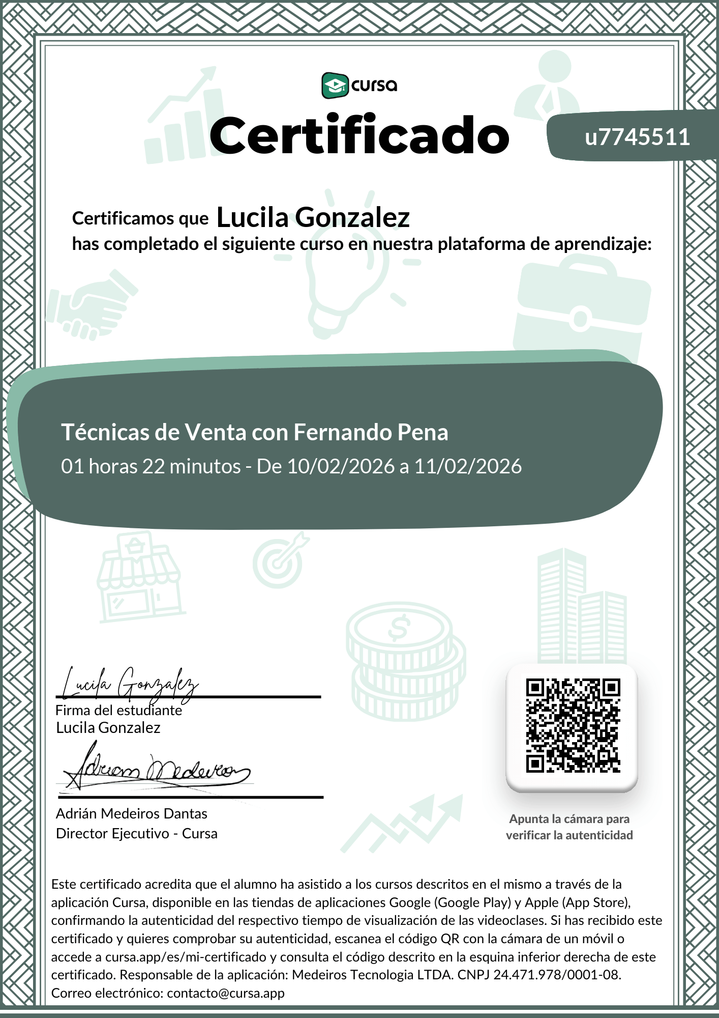 Imagen de mi Certificado de finalización del curso gratuito.