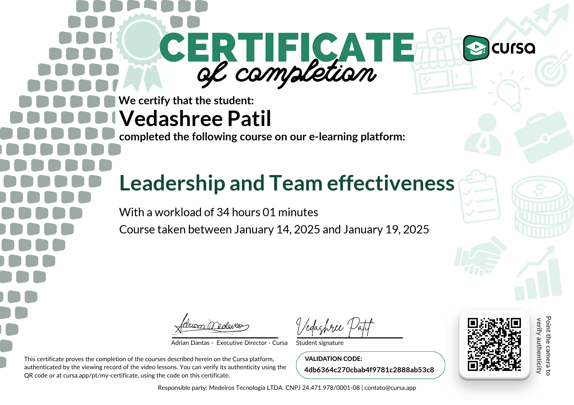 Image of my free Course Completion Certificate.