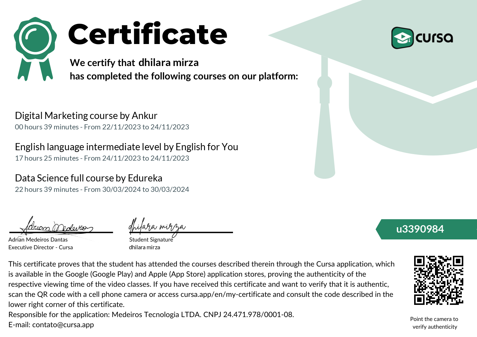 My certificate on Cursa! | Cursa: Free Online Courses + Free Certificate