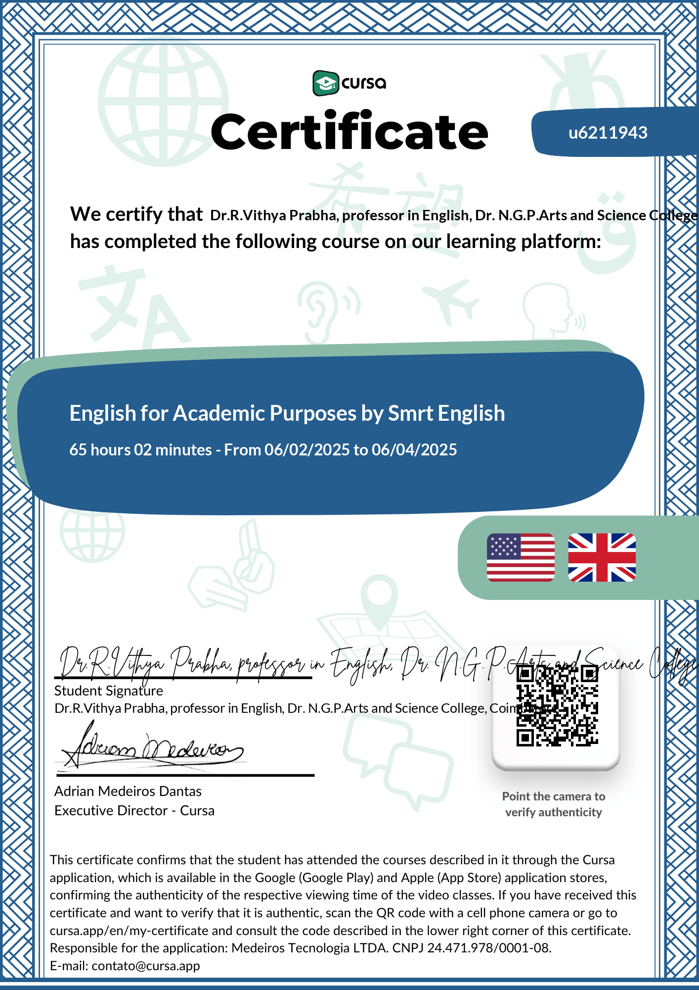 Image of my free Course Completion Certificate.
