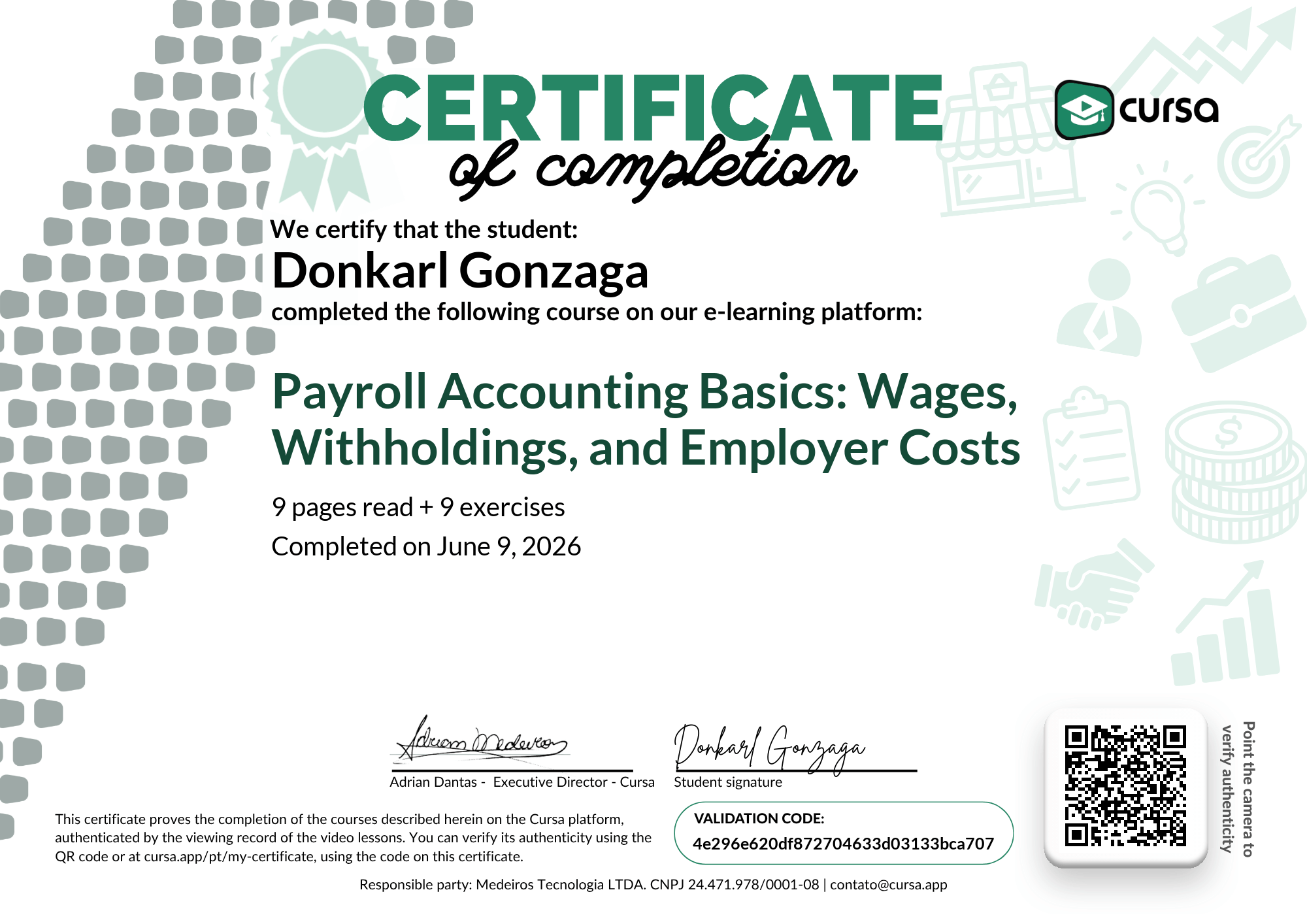Image of my free Course Completion Certificate.