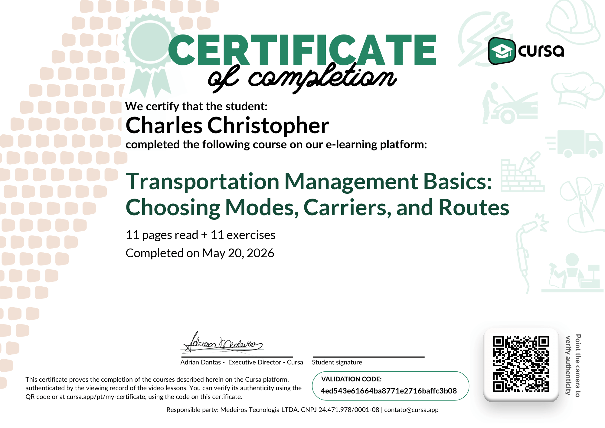 Image of my free Course Completion Certificate.