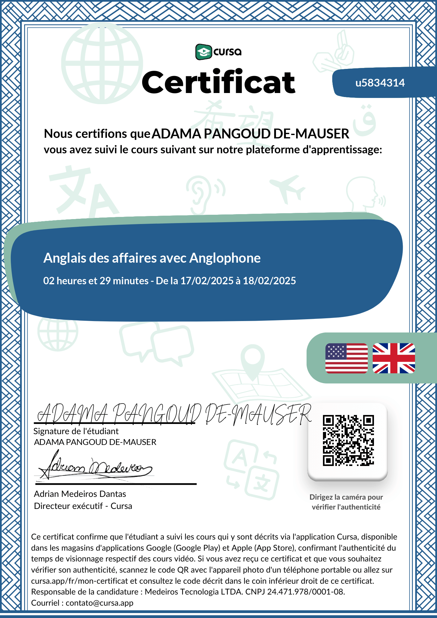 Image de mon certificat de fin de cours gratuit.