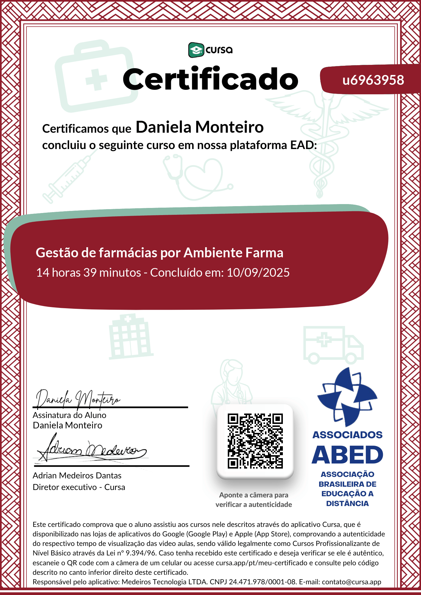 Imagem do meu Certificado gratuito de conclusão de curso.