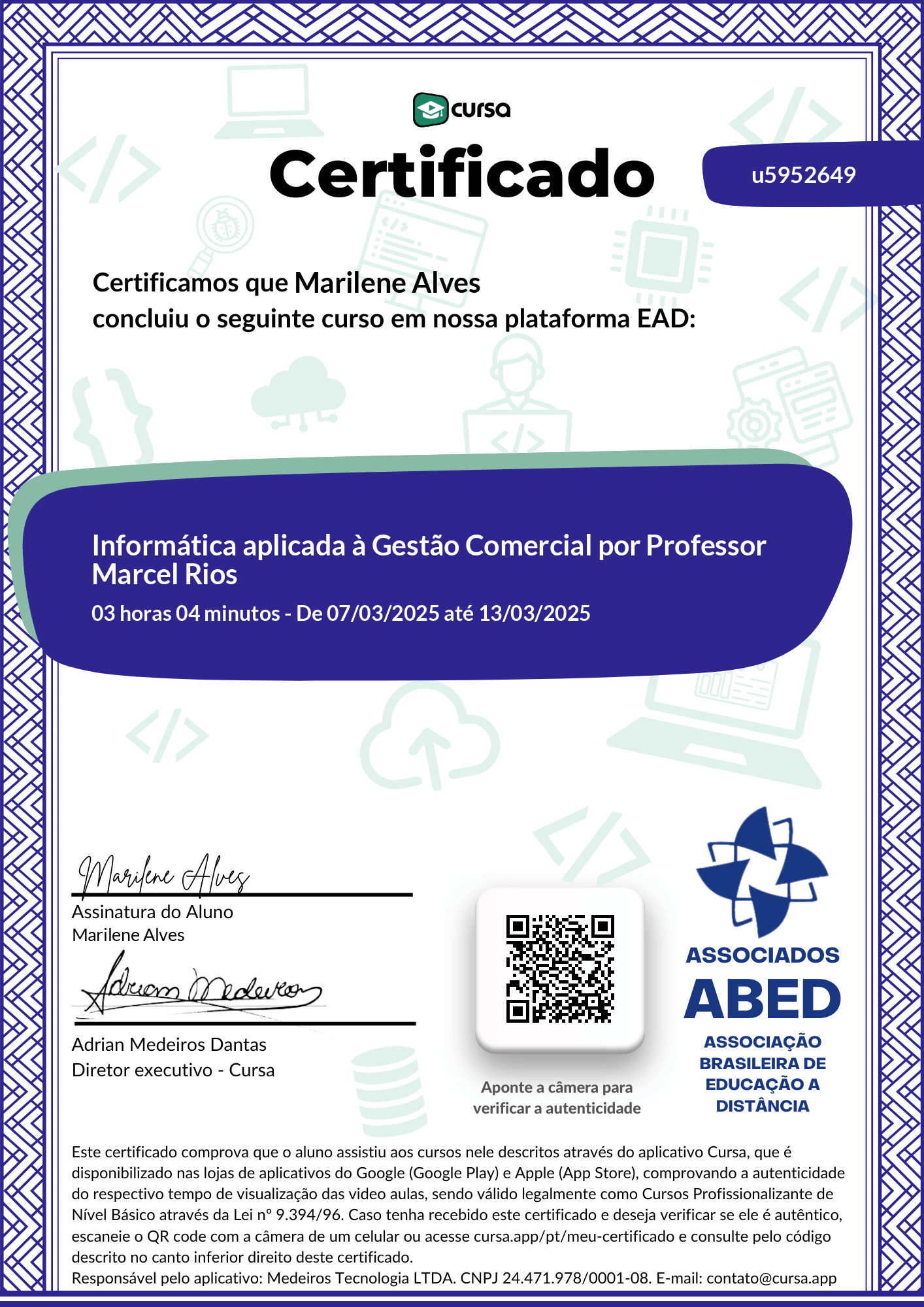 Imagem do meu Certificado gratuito de conclusão de curso.