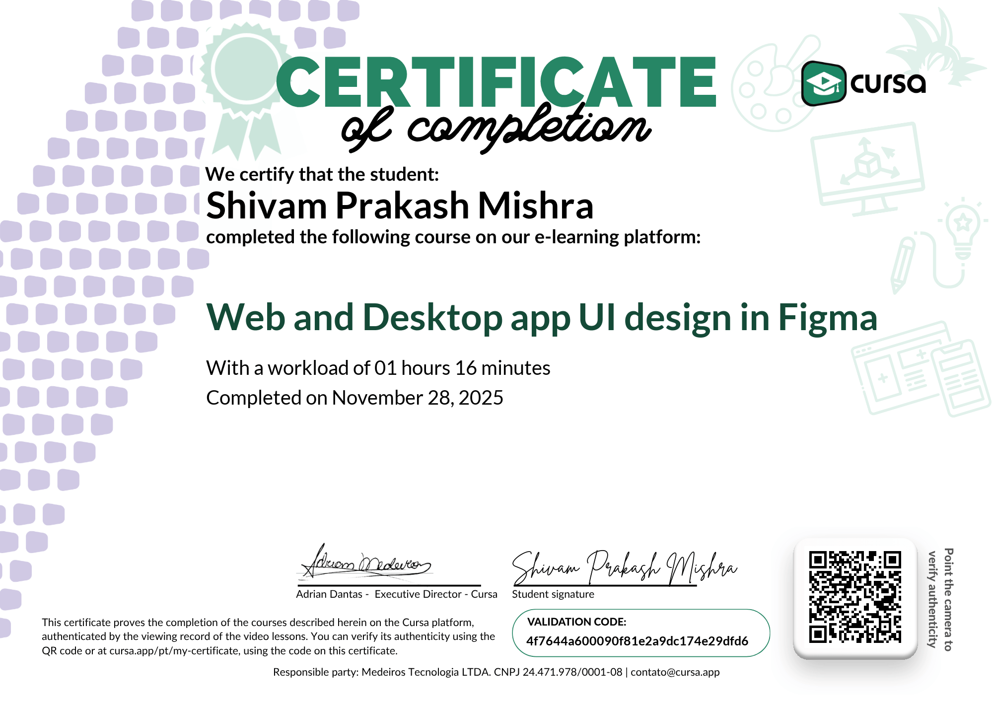 Image of my free Course Completion Certificate.
