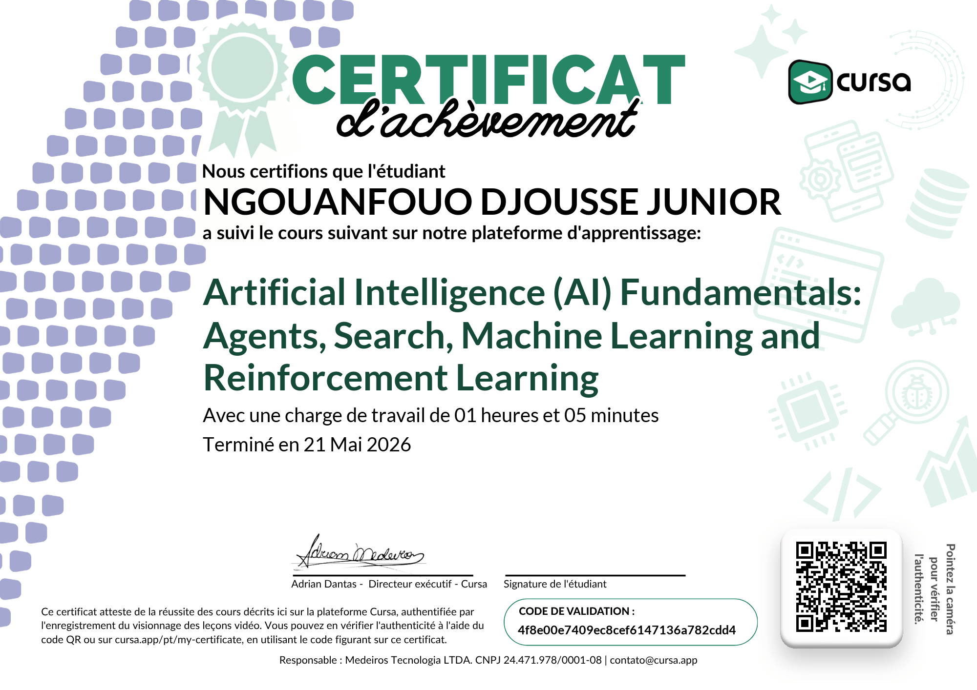 Image de mon certificat de fin de cours gratuit.