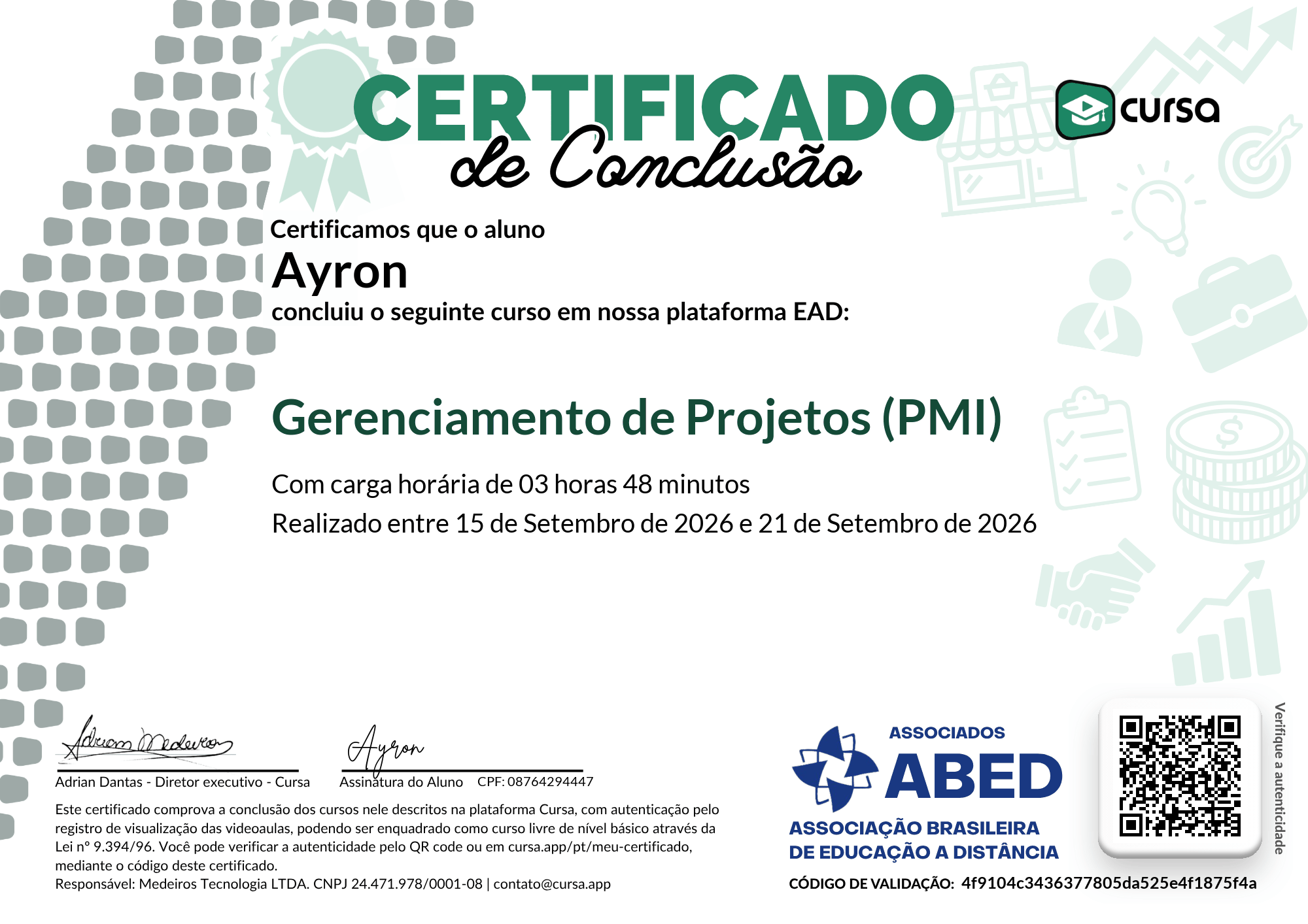 Imagem do meu Certificado gratuito de conclusão de curso.
