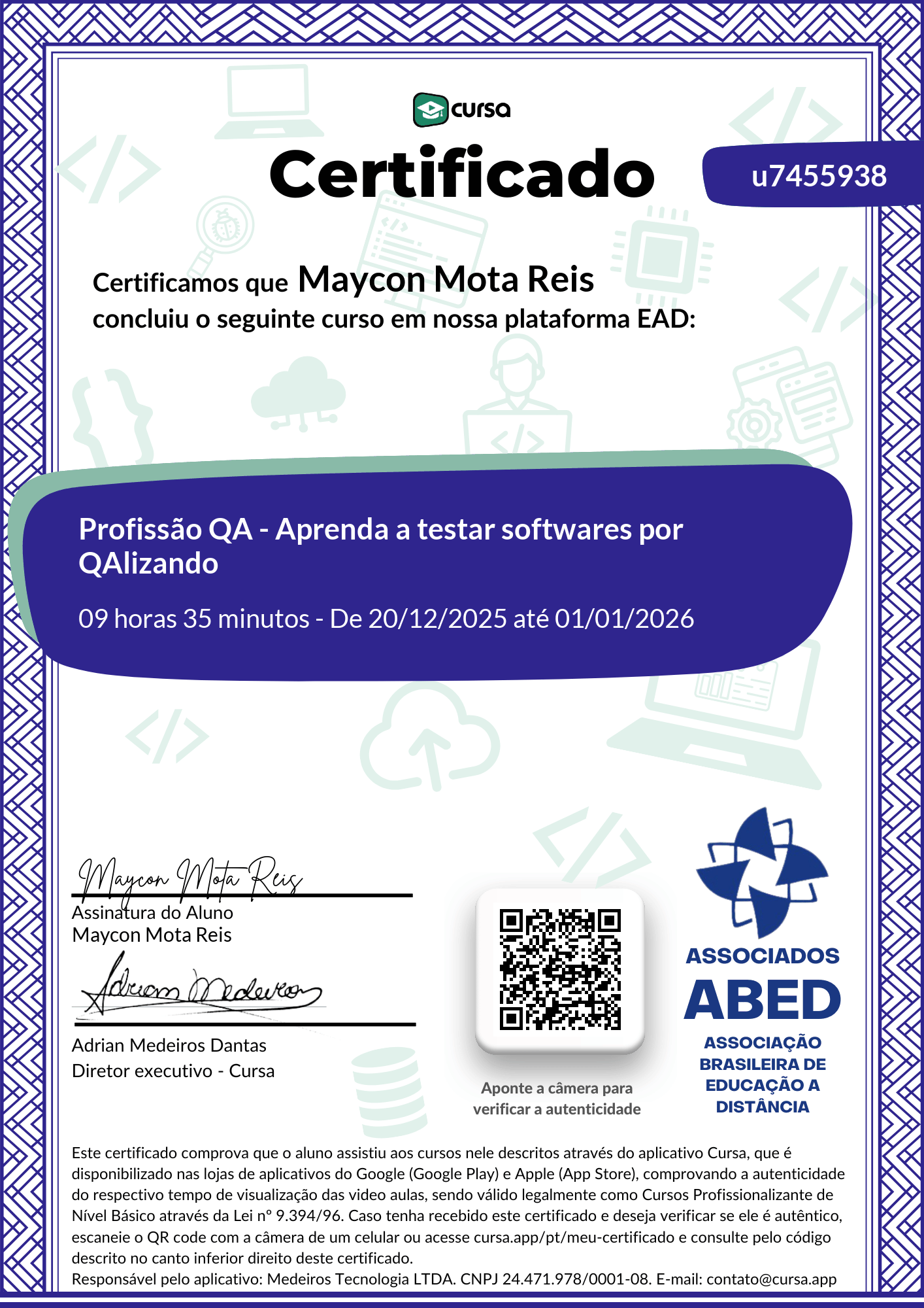 Imagem do meu Certificado gratuito de conclusão de curso.
